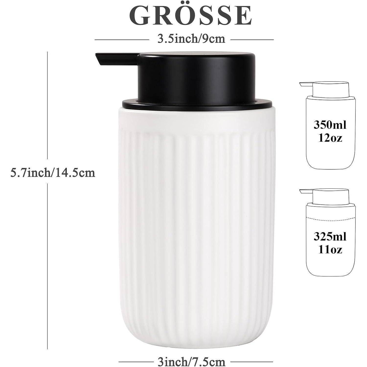 Größentabelle einer weißen gerippten Pumpflasche mit der Bezeichnung „GRÖSSE