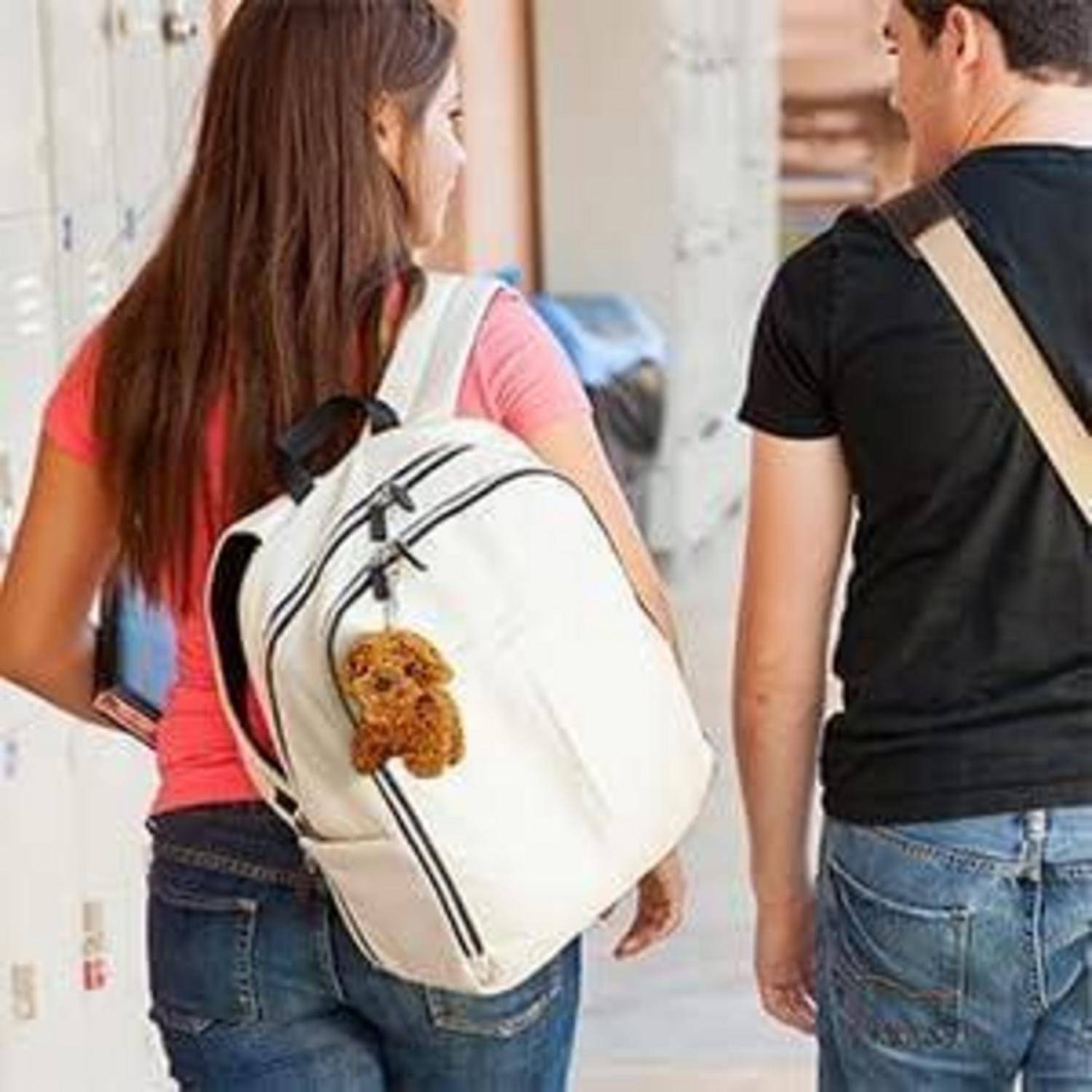 Zwei Schüler gehen einen Flur hinunter, jeder trägt einen Rucksack; einer hat einen weißen Rucksack mit einem Teddybär-Anhänger.