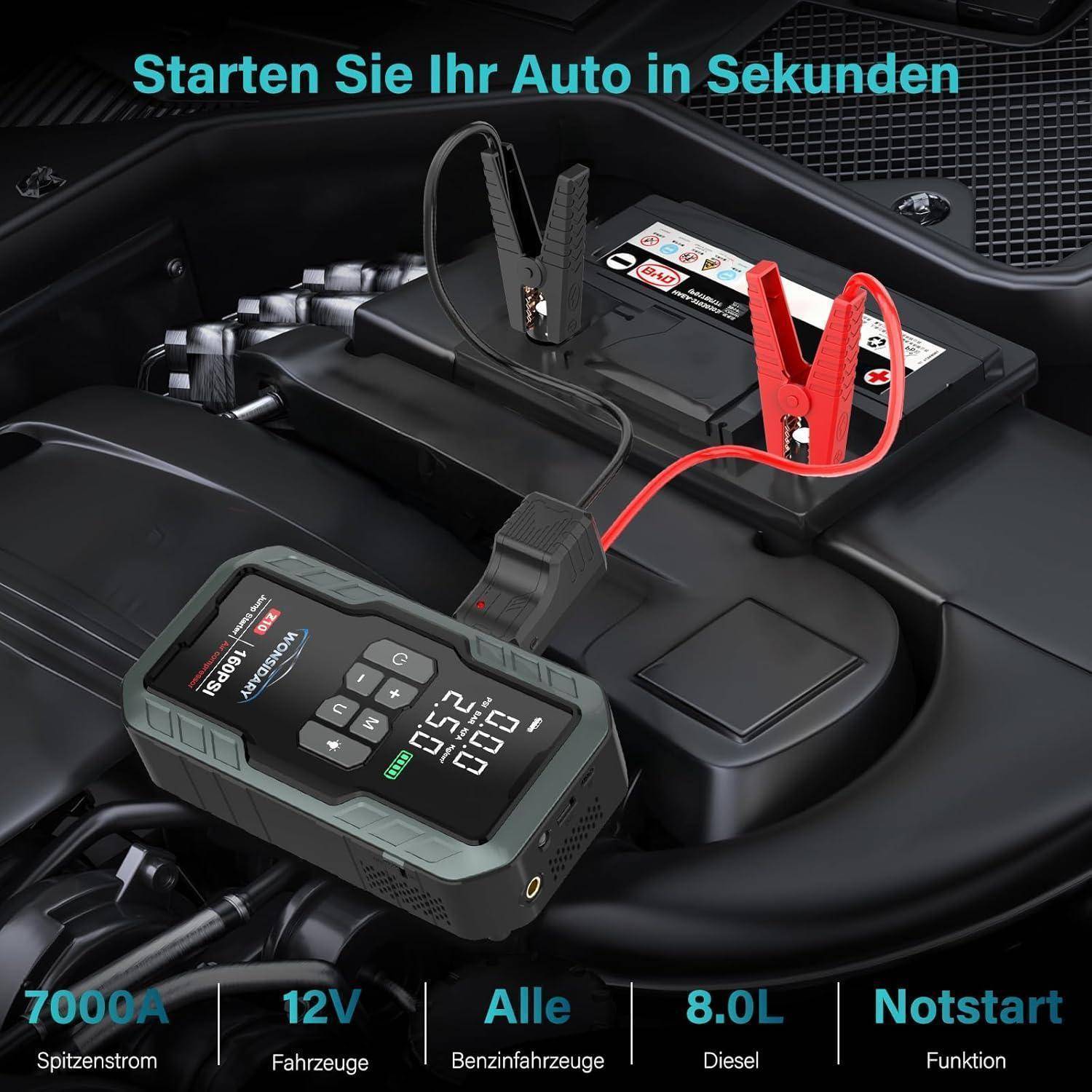 Autobatterie-Starthilfegerät mit Klemmen verbunden mit einer Batterie, fördert 