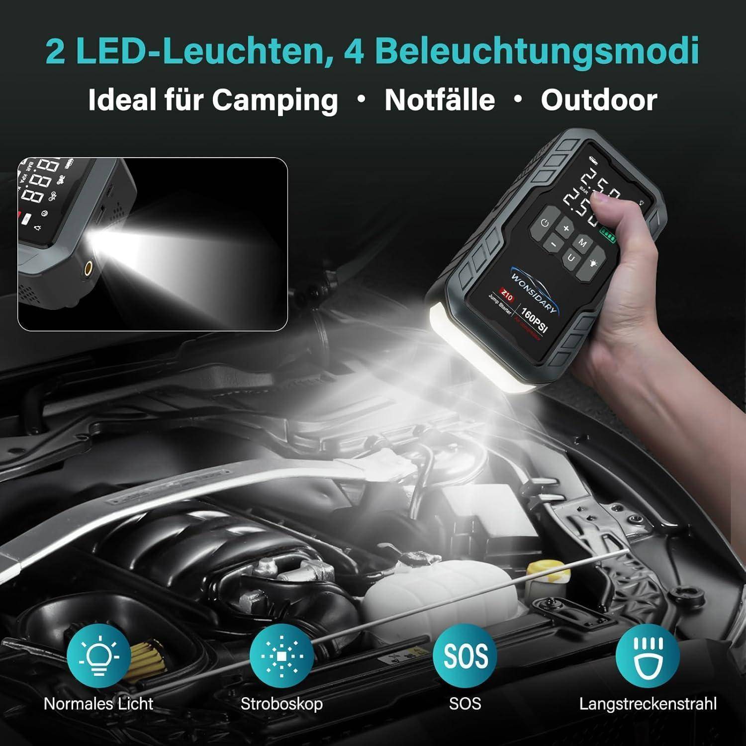 Werbebild einer tragbaren LED-Taschenlampe/Starthilfe, die einen Automotor beleuchtet, mit 2 LED-Leuchten und 4 Modi: Normallicht, Stroboskop, SOS und Fernlichtstrahl.