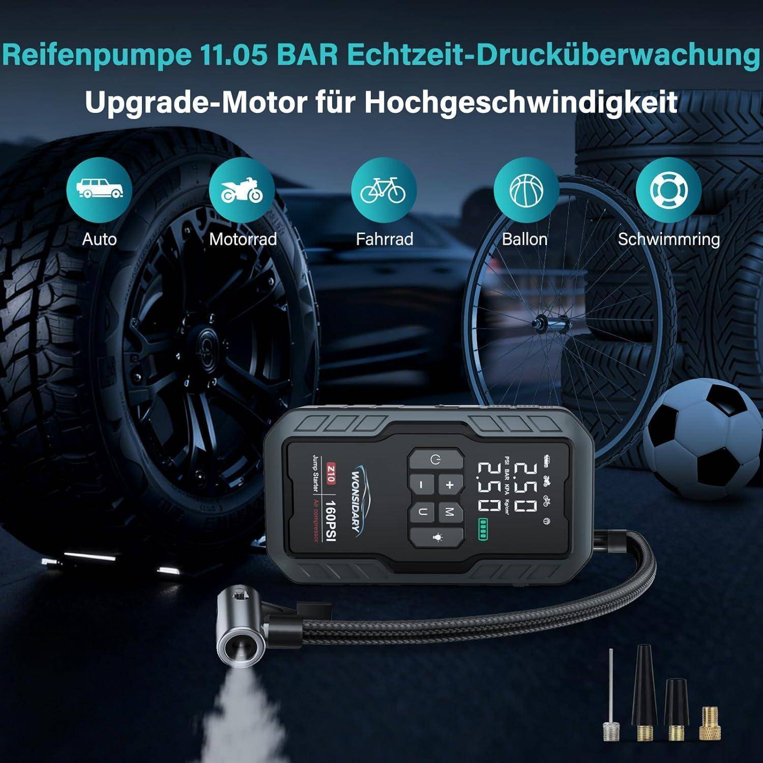 Werbegrafik eines tragbaren digitalen Reifeninfläters mit Schlauch und Düsen, gekennzeichnet für Autos, Motorräder, Fahrräder, Bälle und Schwimm-Luftmatratzen; deutscher Text sagt „11,05 BAR Echtzeit-Drucküberwachung
