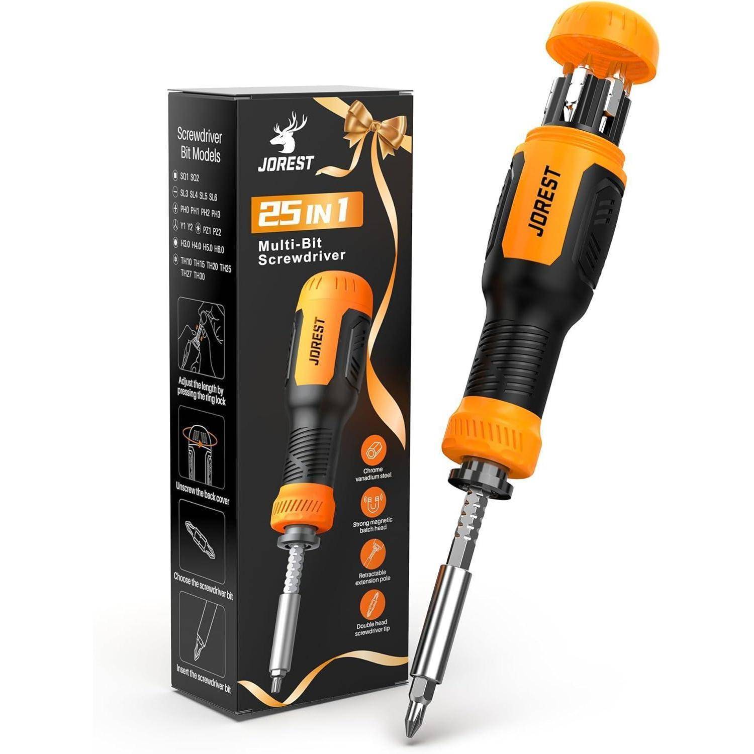 Verpackung und Produktbild eines JOREST 25-in-1 Multi-Bit-Schraubendrehers, das den schwarzen Schraubendreher mit orangefarbenen Akzenten und seine Box zeigt.