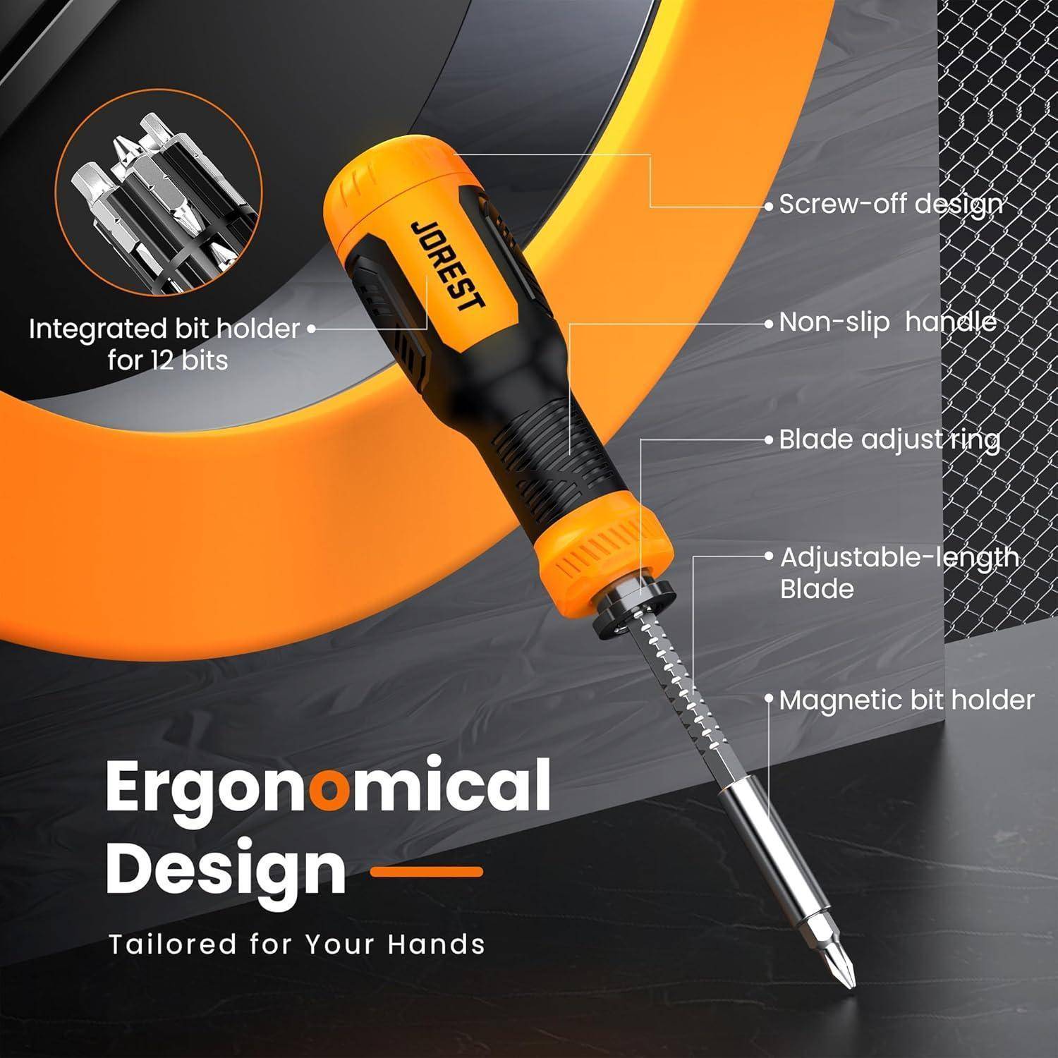 Werbegrafik eines orange-schwarzen verstellbaren Schraubenziehers mit Beschriftungen für abnehmbares Design, rutschfester Griff, Klingenverstellung, verstellbare Klingenlänge und magnetischer Bithalter.