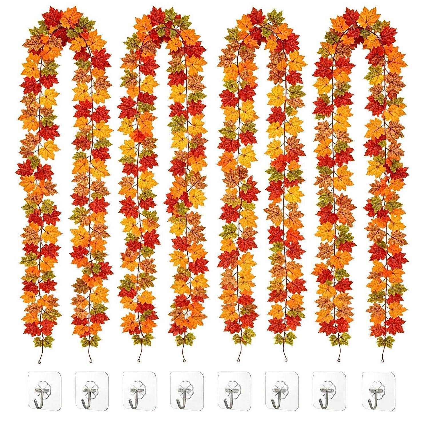 Acht Herbstlaub-Girlanden in Rot, Orange und Gelb hängen vertikal herab, jede an einem kleinen Haken am unteren Ende befestigt.