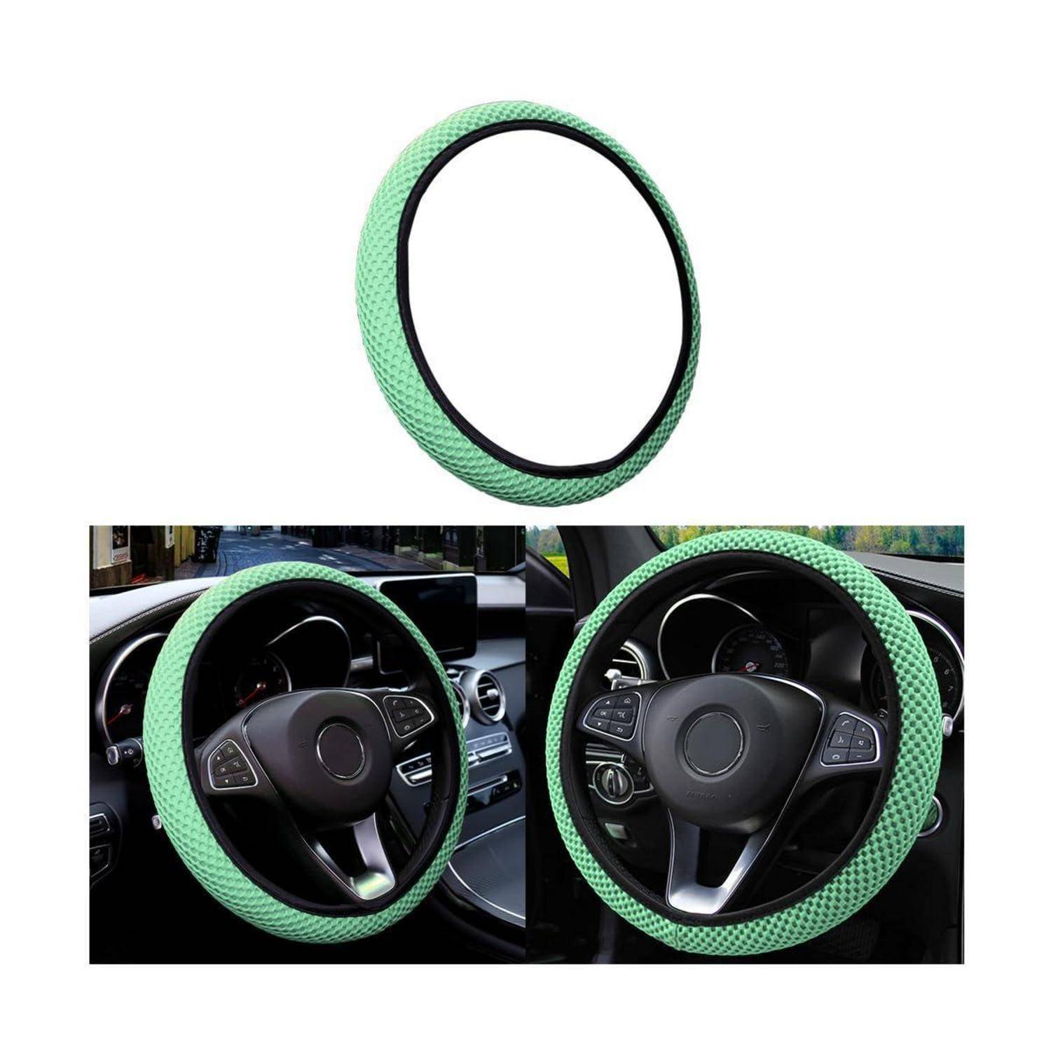 Mintgrüne strukturierte Lenkradabdeckung, die auf einem Autolenkrad gezeigt wird, mit einer eingefügten Produktansicht und installierten Beispielen im Fahrzeuginnenraum.