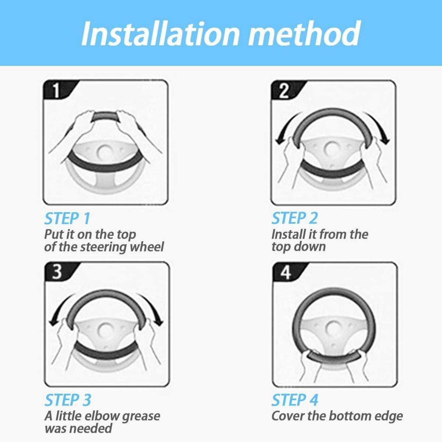 Infografik mit dem Titel „Installationsmethode" mit vier Schritten zur Installation einer Lenkradabdeckung: oben aufsetzen, von oben nach unten ziehen, bei Bedarf Fett auftragen und die untere Kante abdecken.