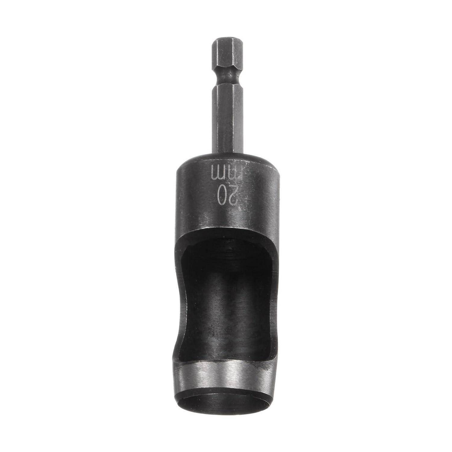 Schwarzer 20-mm-Steckdosen-Bohrer-Adapter mit sechskantiger Schaft, isoliert auf weißem Hintergrund gezeigt.
