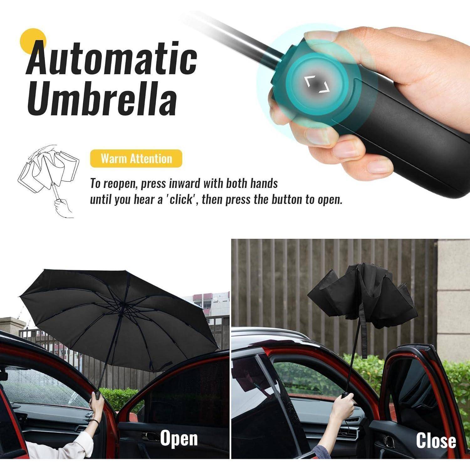 Bedienungsanleitung für einen automatischen Regenschirm mit Druckknopf-Griff, Anweisungen zum erneuten Öffnen und Fotos des geöffneten und geschlossenen Schirms neben einer Autotür.