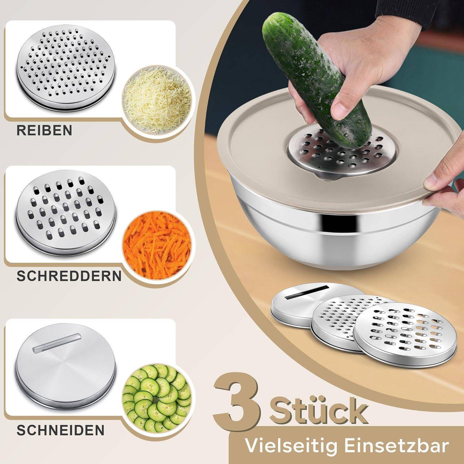 Werbetext für ein 3-teiliges Küchenreiben-Set mit austauschbaren Scheiben zum Reiben, Raspeln und Schneiden von Gemüse; zeigt die Anwendung über einer Rührschüssel.