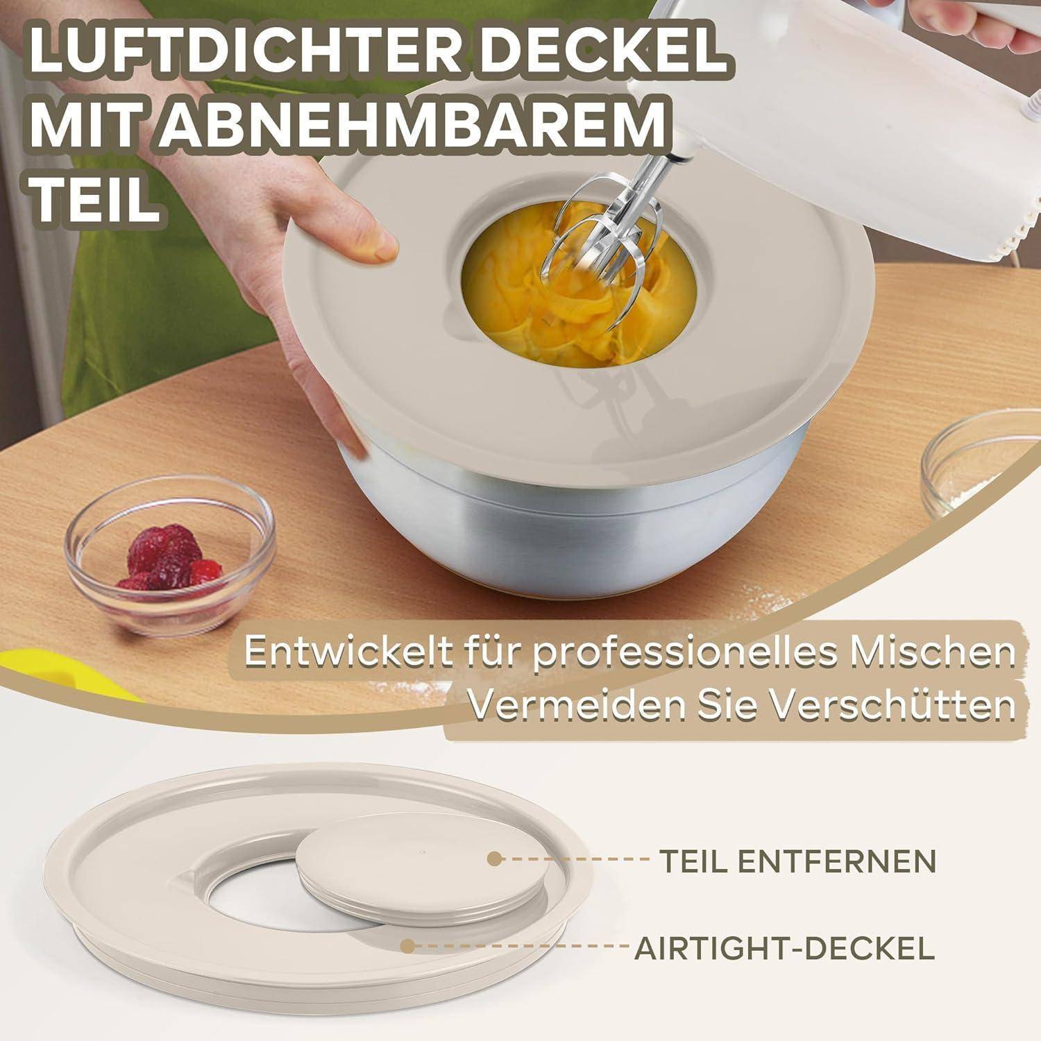 Schüssel-Deckel für Standmixer mit abnehmbarem Mitteleinsatz verhindert Spritzer beim Mischen; beschriftet mit 'TEIL ENTFERNEN' und 'AIRTIGHT-DECKEL'.