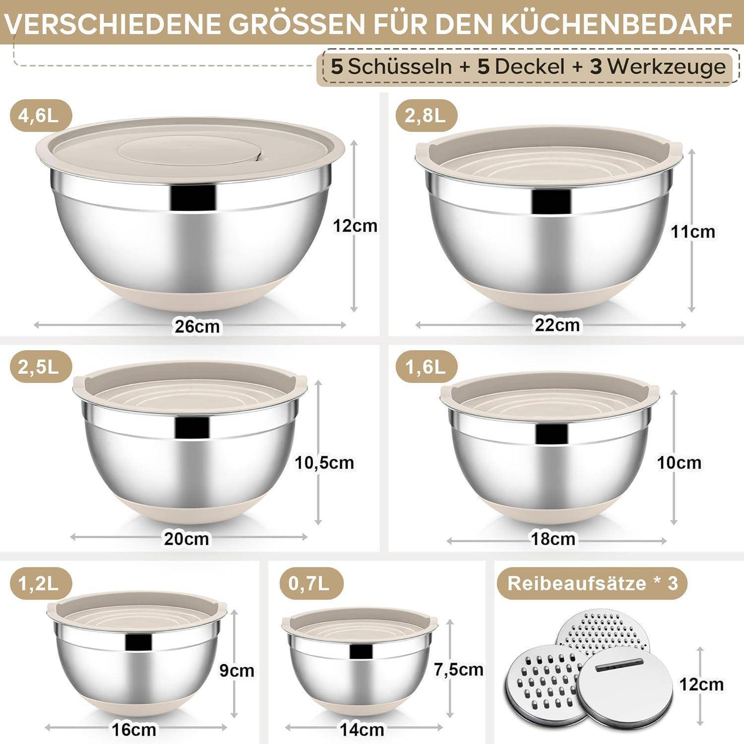 Größentabelle für Edelstahl-Rührschüsseln mit Deckeln und Werkzeugen, die fünf Schüsselkapazitäten von 0,7 L bis 4,6 L zeigt, mit Breiten und Höhen in Zentimetern gekennzeichnet.