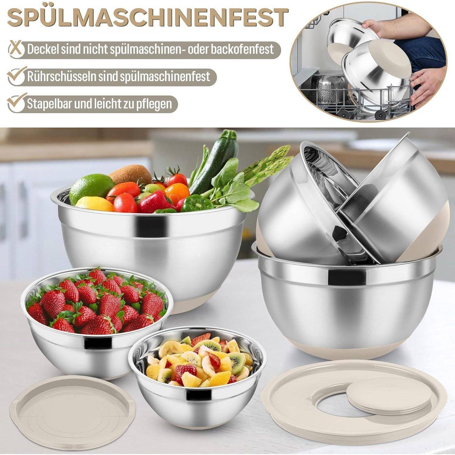 HaWare Rührschüssel 6er Set, Edelstahl Schüssel Salatschüssel Set mit Luftdichtem Deckel &amp; 3 Reibenaufsätzen, 4,6L/2,8L/2,5L/1,6L/1,2L/0,7L, Ruts