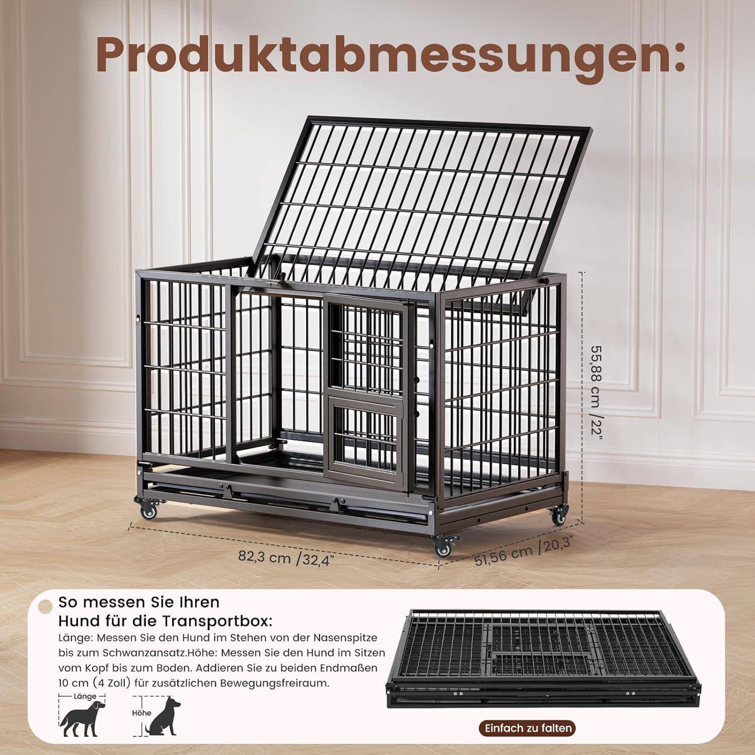 Gardner Pet Hundekäfig faltbar, Hundebox mit 3 Türen, 82 x 52 x 56 cm, Transportkäfig für Kleine Hunde mit Höhenangst, Haustierkäfig mit festste