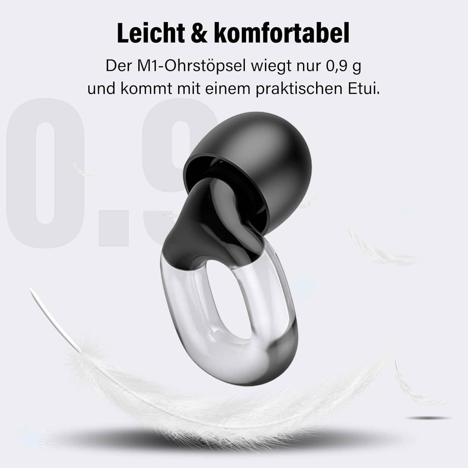 M1-Ohrhörer mit der Beschriftung „Leicht & komfortabel