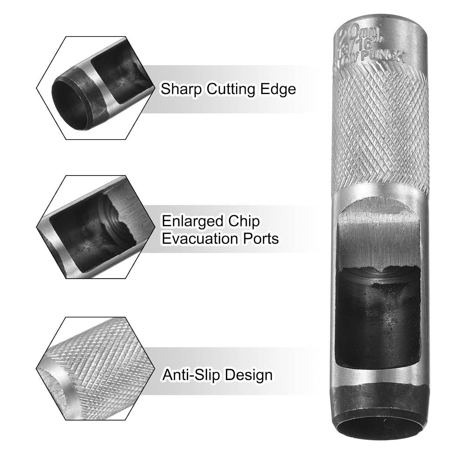 Metallschneidewerkzeug mit Beschriftungen für scharfe Schneidkante, vergrößerte Spanauswurfbohrungen und rutschfestes Design.