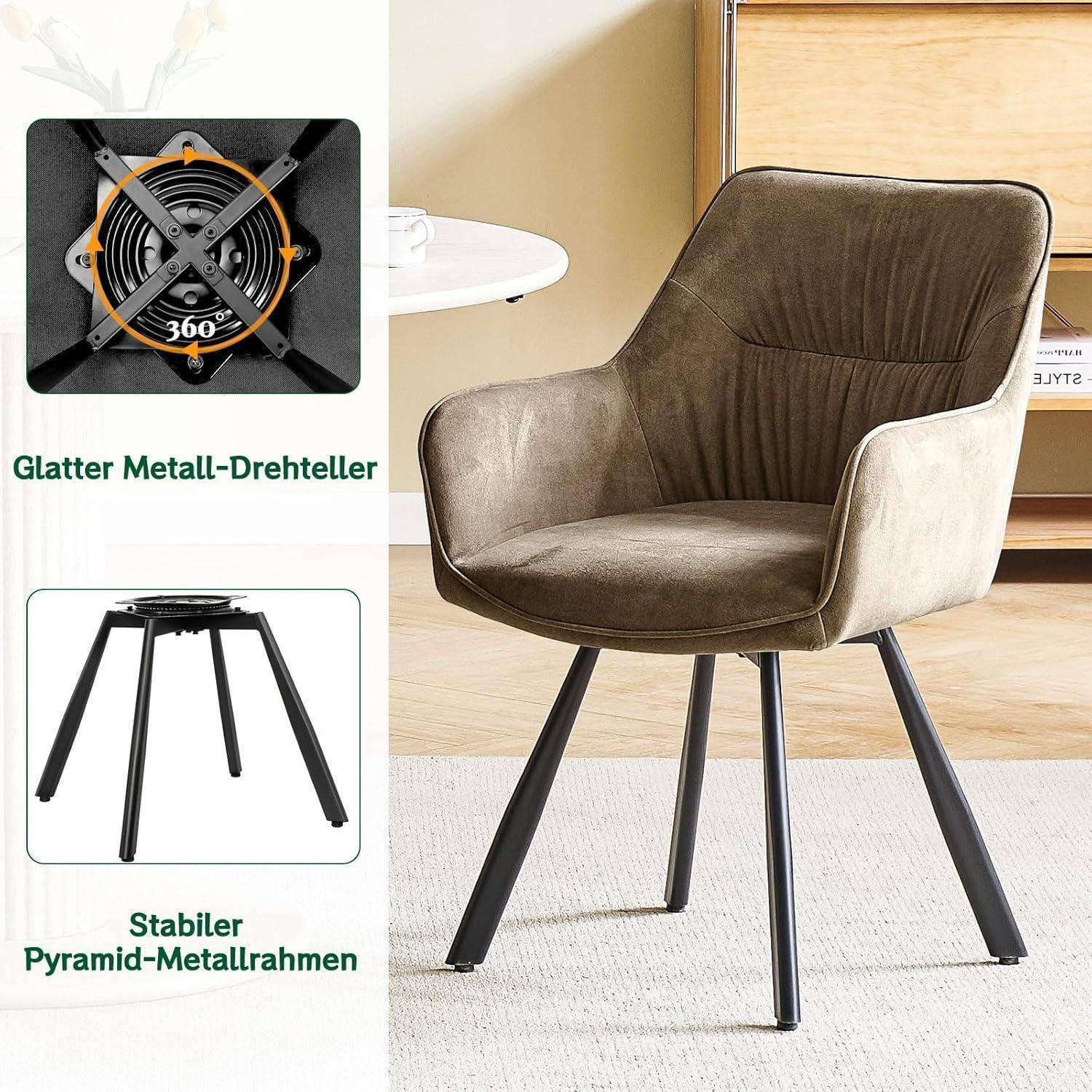 Esszimmerstuhl 2er Set drehbar, Armlehnstuhl drehbar 360°,Moderner Polsterstuhl Stuhl Samt, Stühle für Esszimmer,Küchenstuhl für Wohnzimmer, Arbe