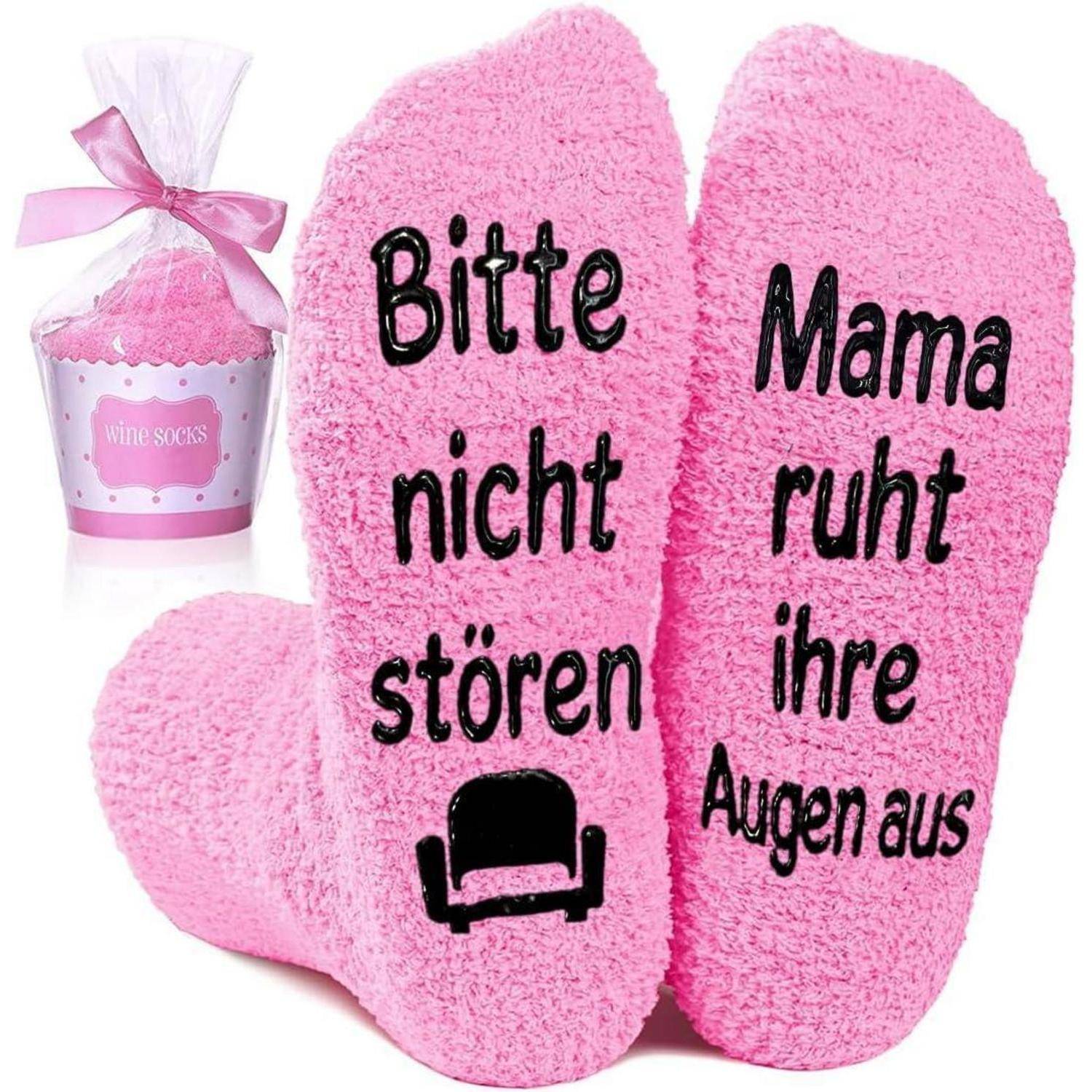 Rosa flauschige Novitätssocken mit deutschem Text „Bitte nicht stören
