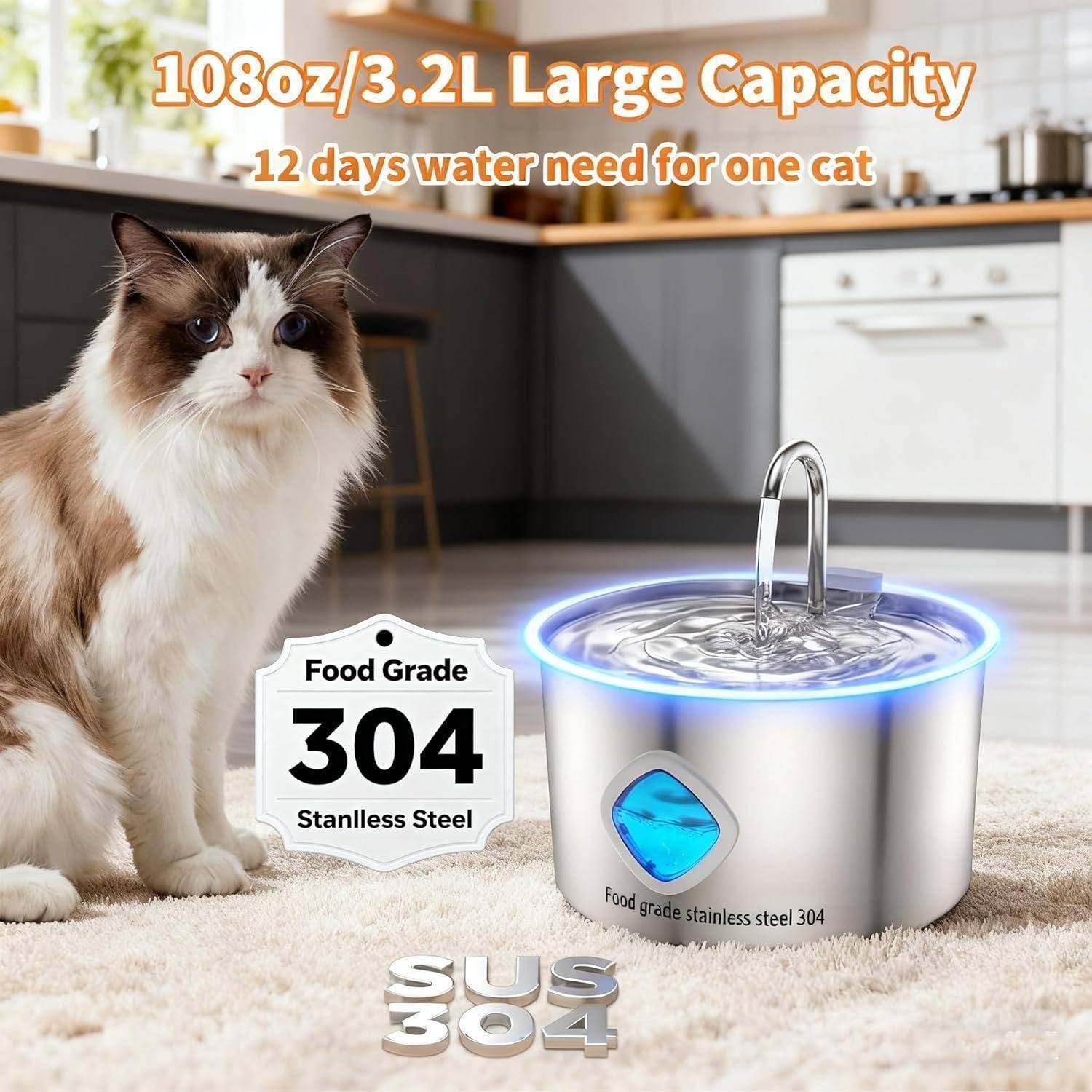 Katze neben Edelstahl-Haustier-Wasserbrunnen mit Text „108oz/3,2L große Kapazität
