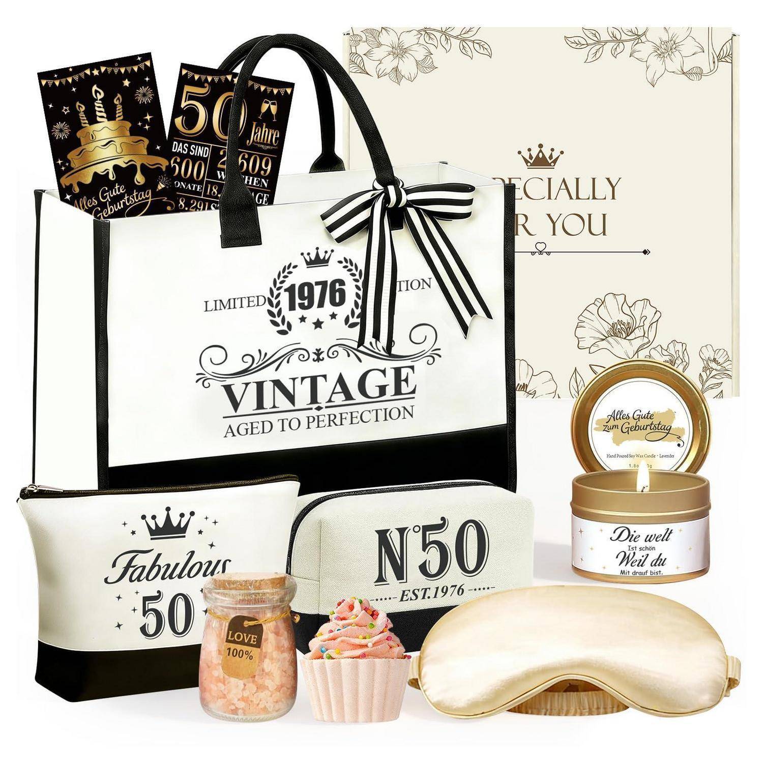 Geschenkset mit Vintage-Thema-Artikeln in Schwarz, Weiß und Gold, einschließlich einer Tragetasche, Karten, Duftkerze im Glas, Tasse, Glas, Cupcake und Schlafmaske, mit 