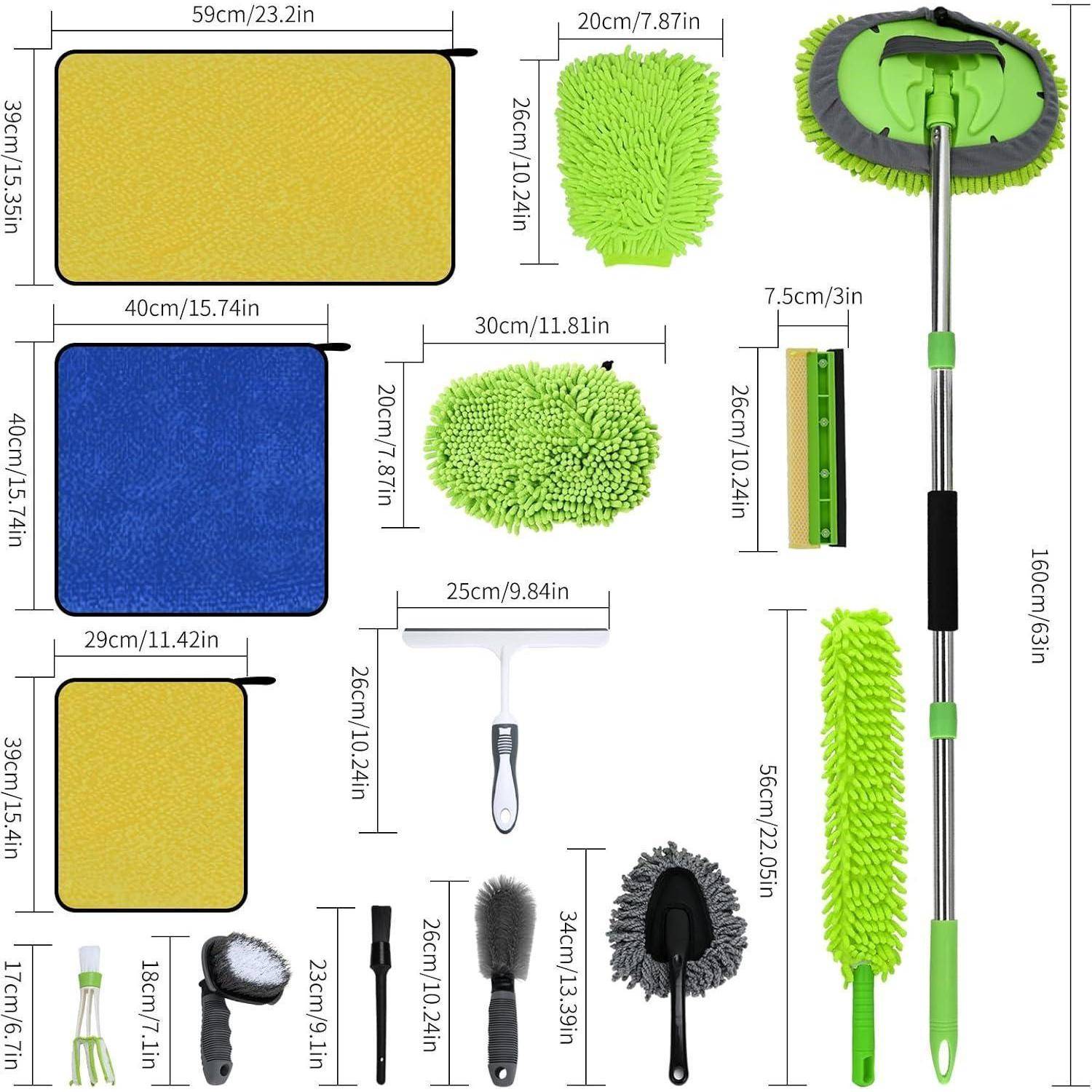 Reinigungs-Kit-Produktcollage mit Mikrofasertüchern, Handschuhen, Bürste, Abzieher und einem ausziehbaren Mop mit Größenangaben.