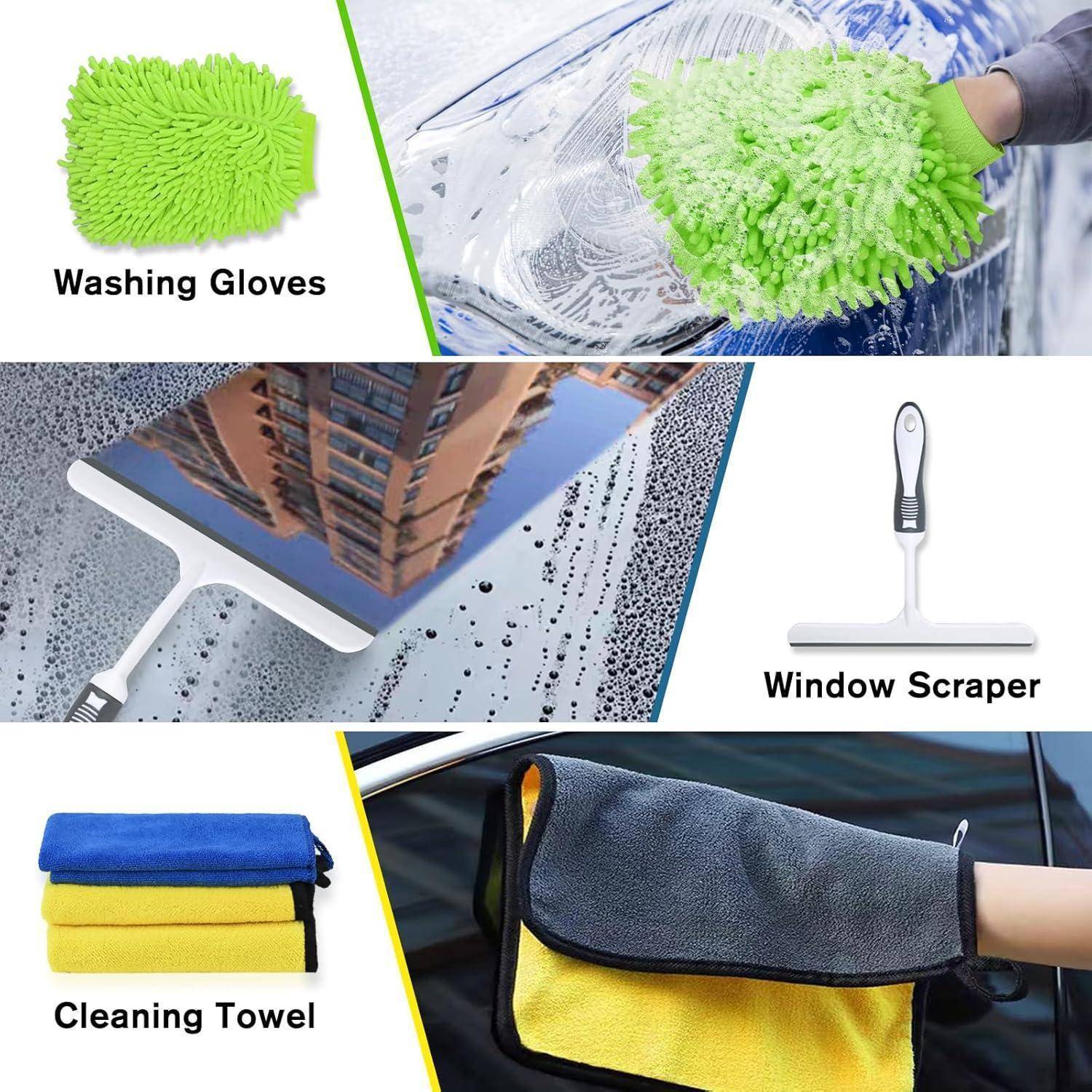 Werbekollage von Autoreinigungswerkzeugen: ein grüner Waschhandschuh, ein Fensterabzieher und ein gefaltetes Reinigungstuch, jeweils mit Beschriftung.