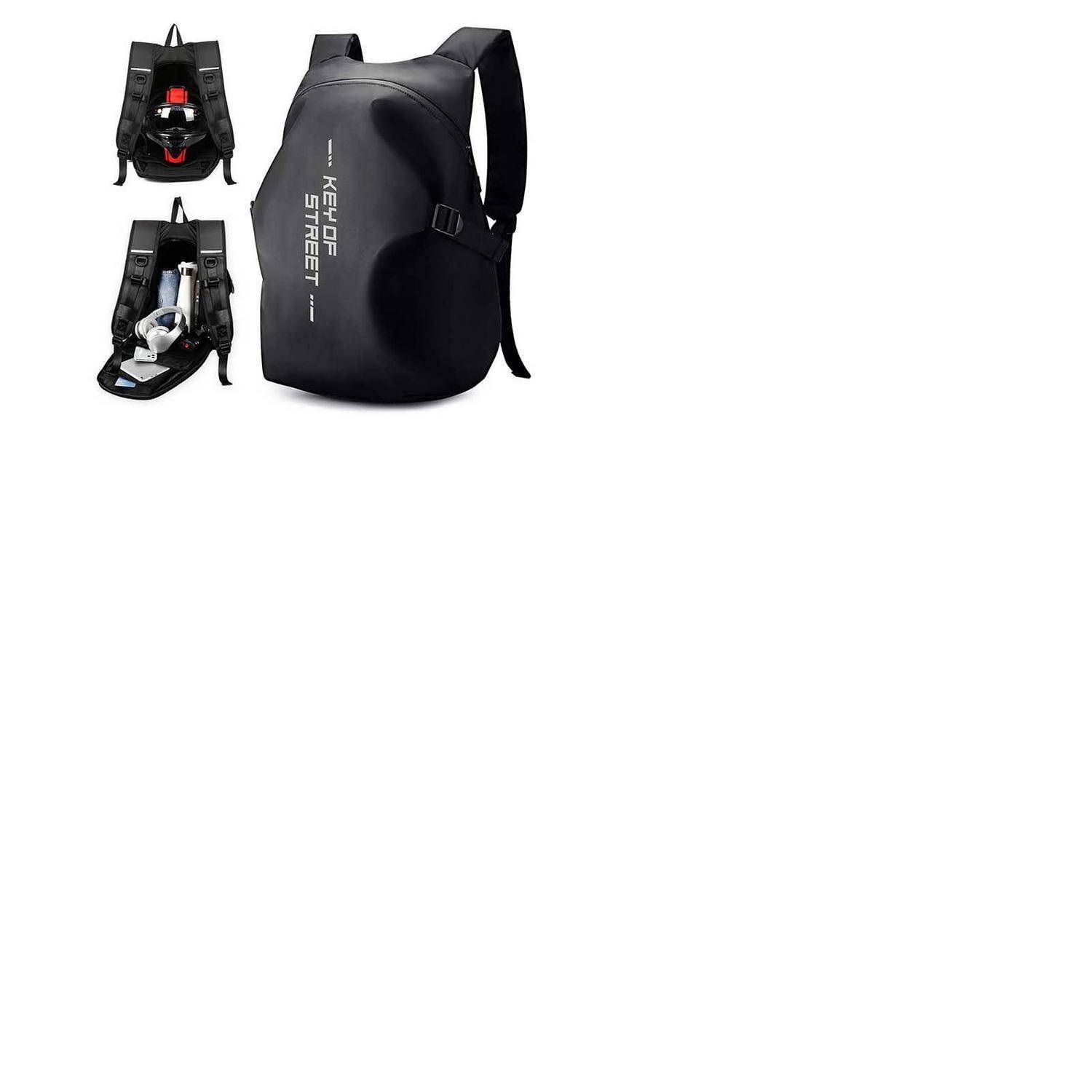 Schwarzer Rucksack mit Seitenreißverschluss, gezeigt von vorne, von hinten und in der Innenansicht mit darin gelagerten Gegenständen.