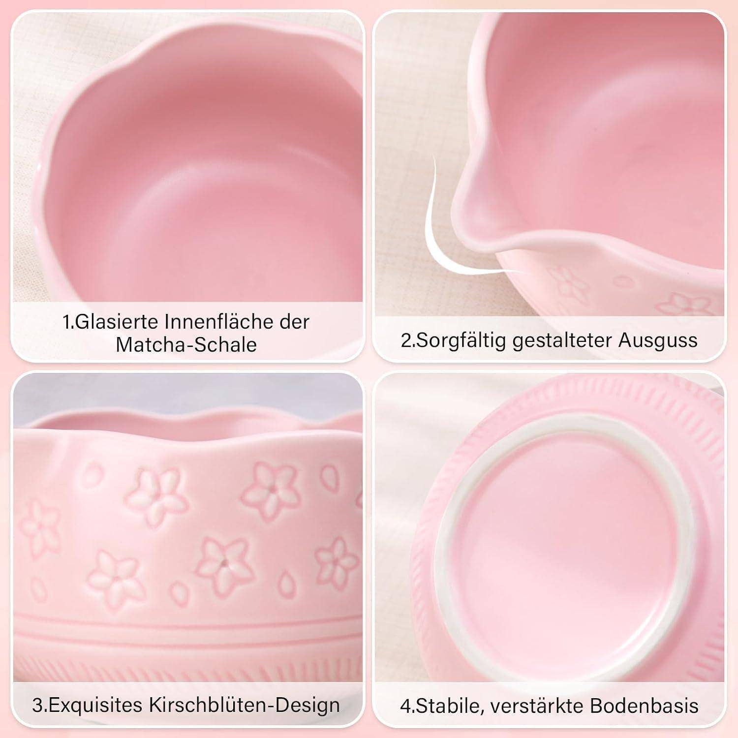 Vier-teiliges Produktbild einer rosa Matcha-Schale, das ein glasiertes Inneres, eine präzise Ausgießer, ein Kirschblüten-Design und eine verstärkte Basis zeigt.