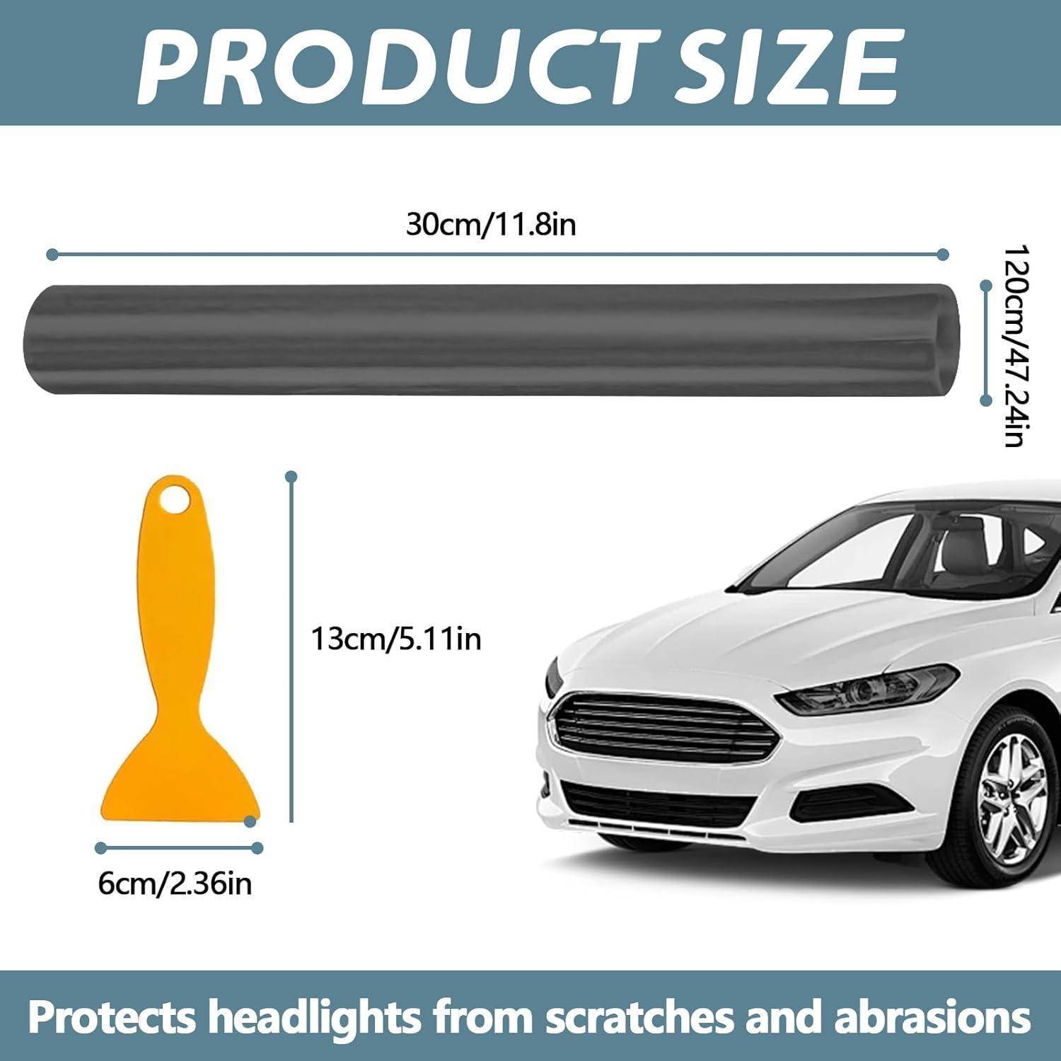 Produktgrößendiagramm mit einer 30 cm langen, 12 cm Durchmesser schwarzen Rolle und einem gelben Werkzeug 13 cm hoch und 6 cm breit; größenmäßig im Verhältnis zu einem Auto dargestellt, mit Text „Schützt Scheinwerfer vor Kratzern und Abschürfungen
