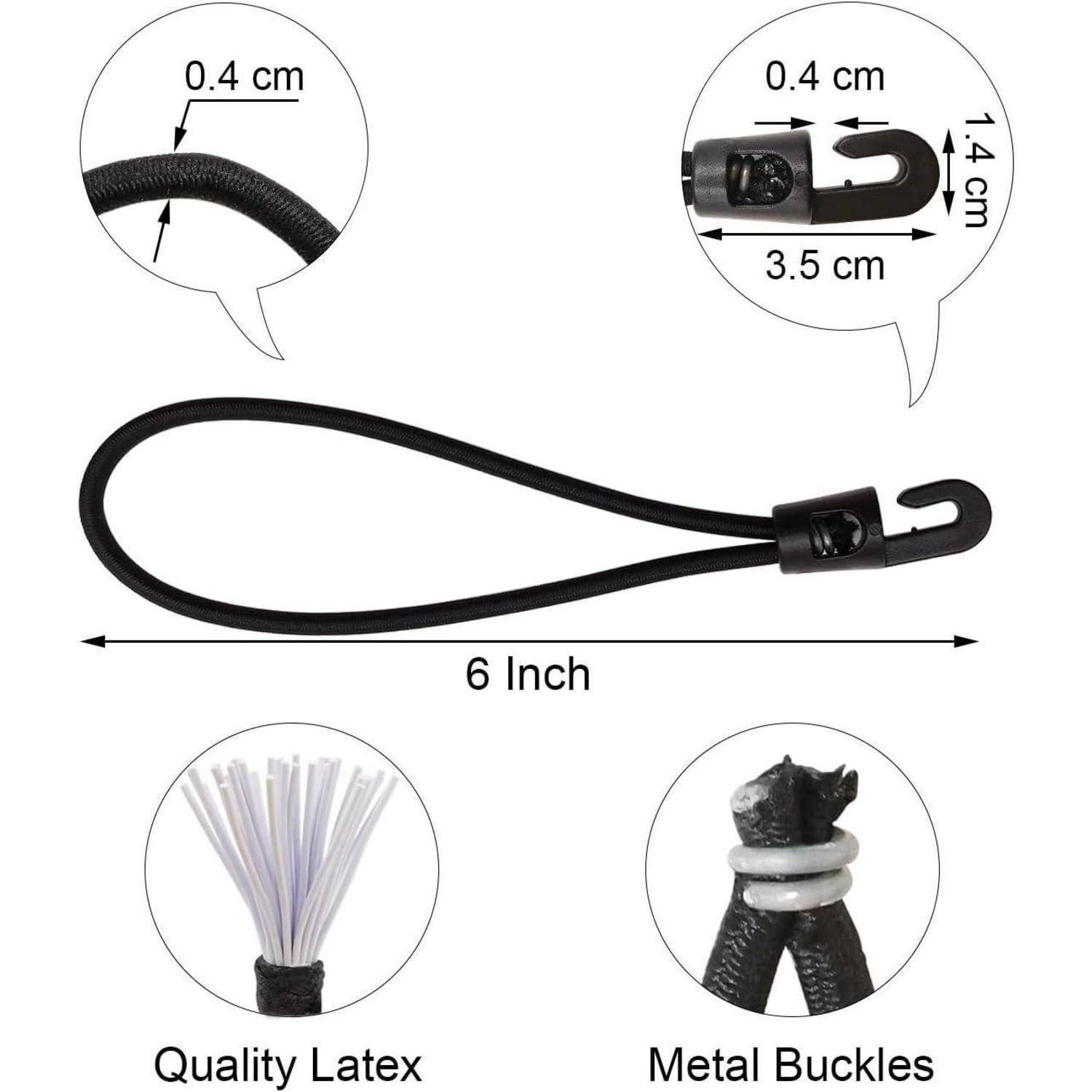 Schwarzer elastischer Schleifenriemen mit Hakenverschluss, beschriftet mit 6 Zoll; Nahaufnahmen zeigen 0,4 cm Dicke, 3,5 cm Hakengröße, hochwertiges Latex und Metallschnallen.