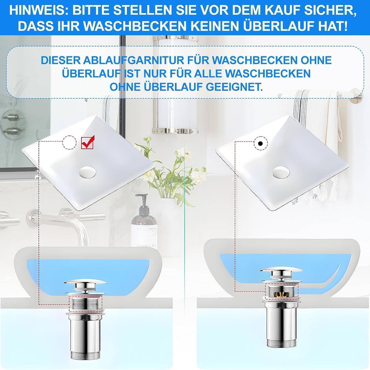 G1¼ Ablaufgarnitur Waschbecken Ohne Überlauf, Ablaufventil Ohne Überlauf, Universal Ablaufgarnitur Für Waschbecken & Waschtisch Modernes Pop-Up Cl
