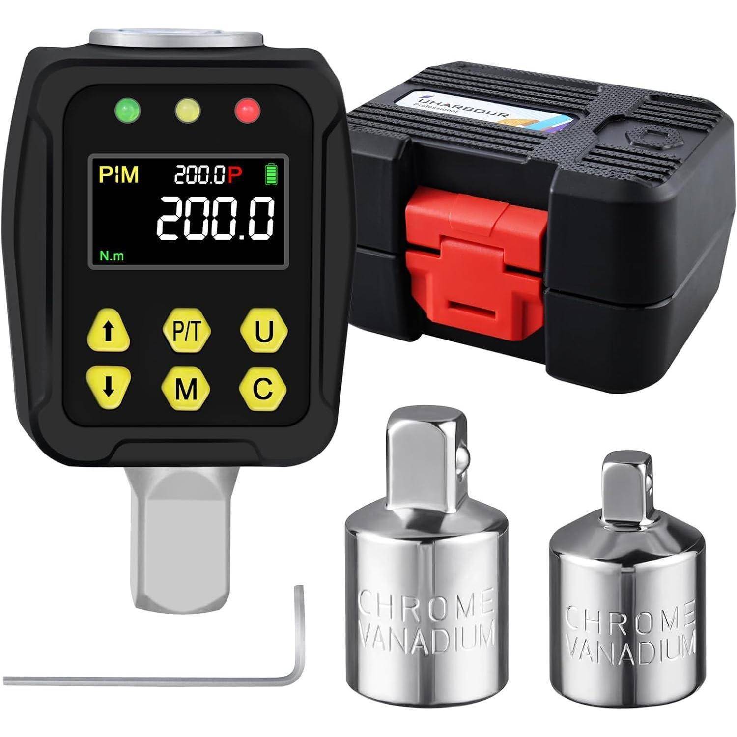 Digitales Drehmomentadapter-Set mit Display zeigt 200,0 N·m an, Tragekoffer, Verlängerung, Inbusschlüssel und zwei Chrom-Vanadium-Steckschlüssel.