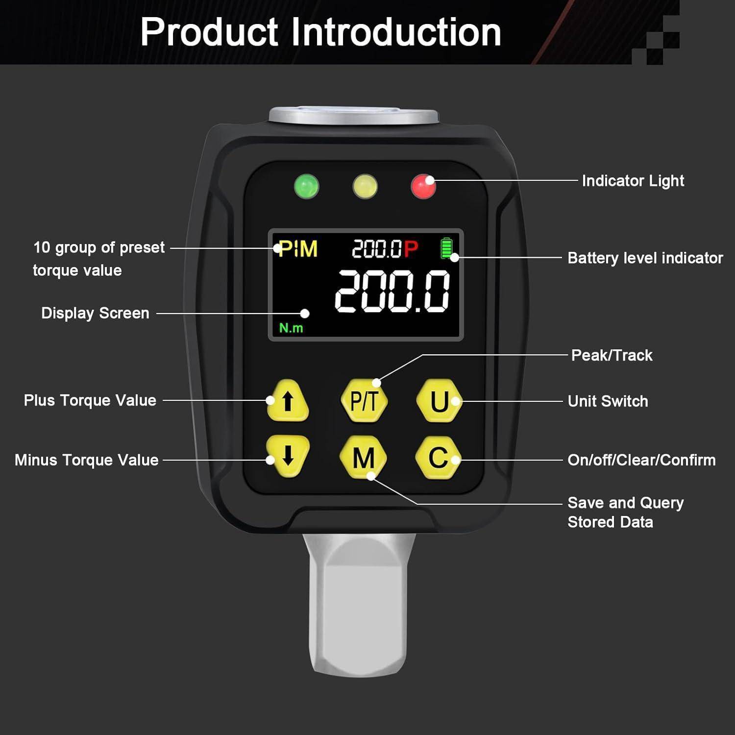 Uharbour Digitaler Drehmomentadapter 1/2 Zoll 10-200 Nm, Drehmomentschlüssel Digital mit LCD-Display, PEAK/TRACK-Modus, Summer und LED-Anzeige, ±2%