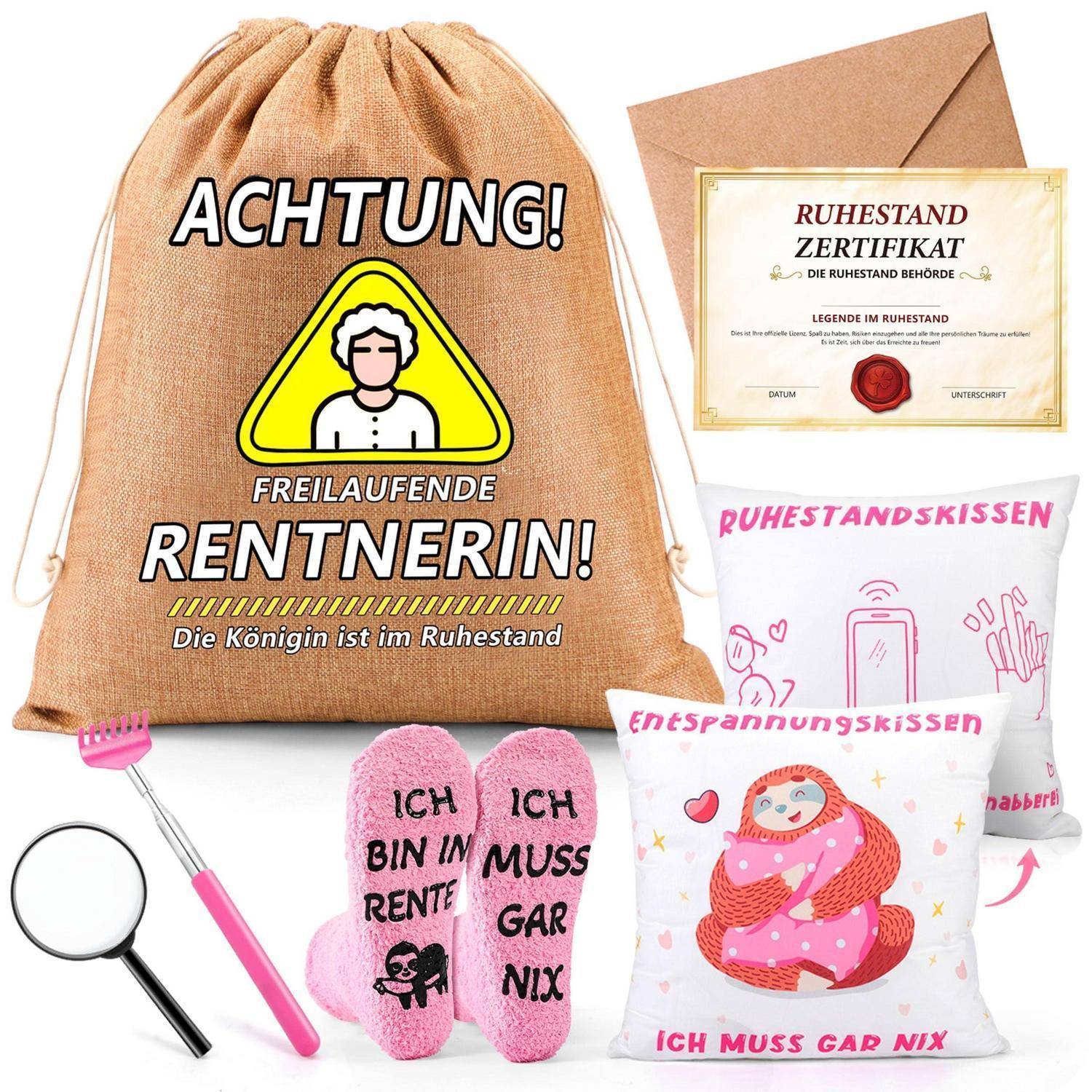 Geschenkset für Rentner: ein Jutesäckchen mit Kordelzug, auf dem 