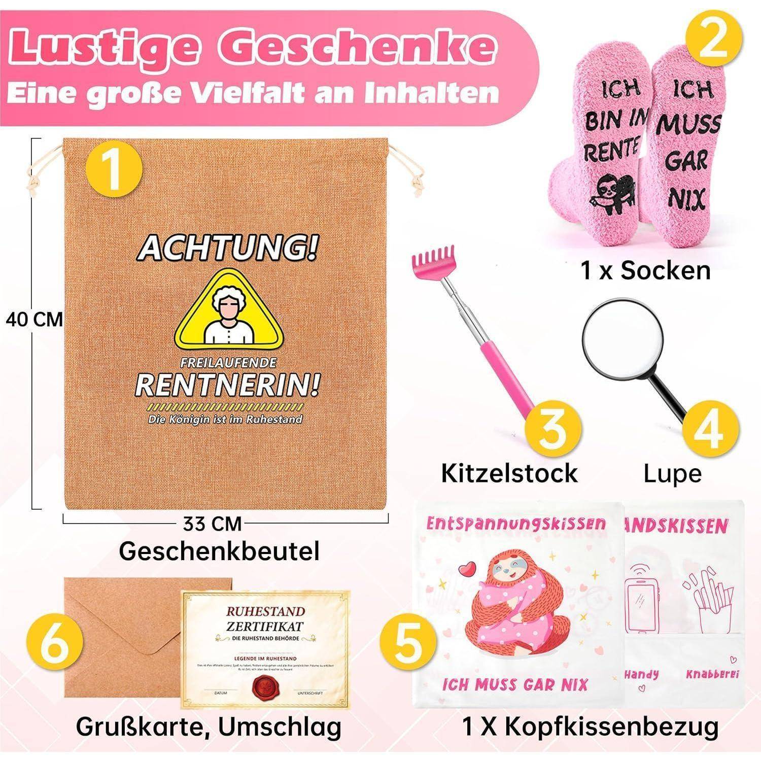 Werbebild zeigt den Inhalt eines Geschenksets für einen Rentner: Geschenktasche, Socken, Massagestab, Lupe, Kissenüberzug und Grußkarte mit Umschlag.