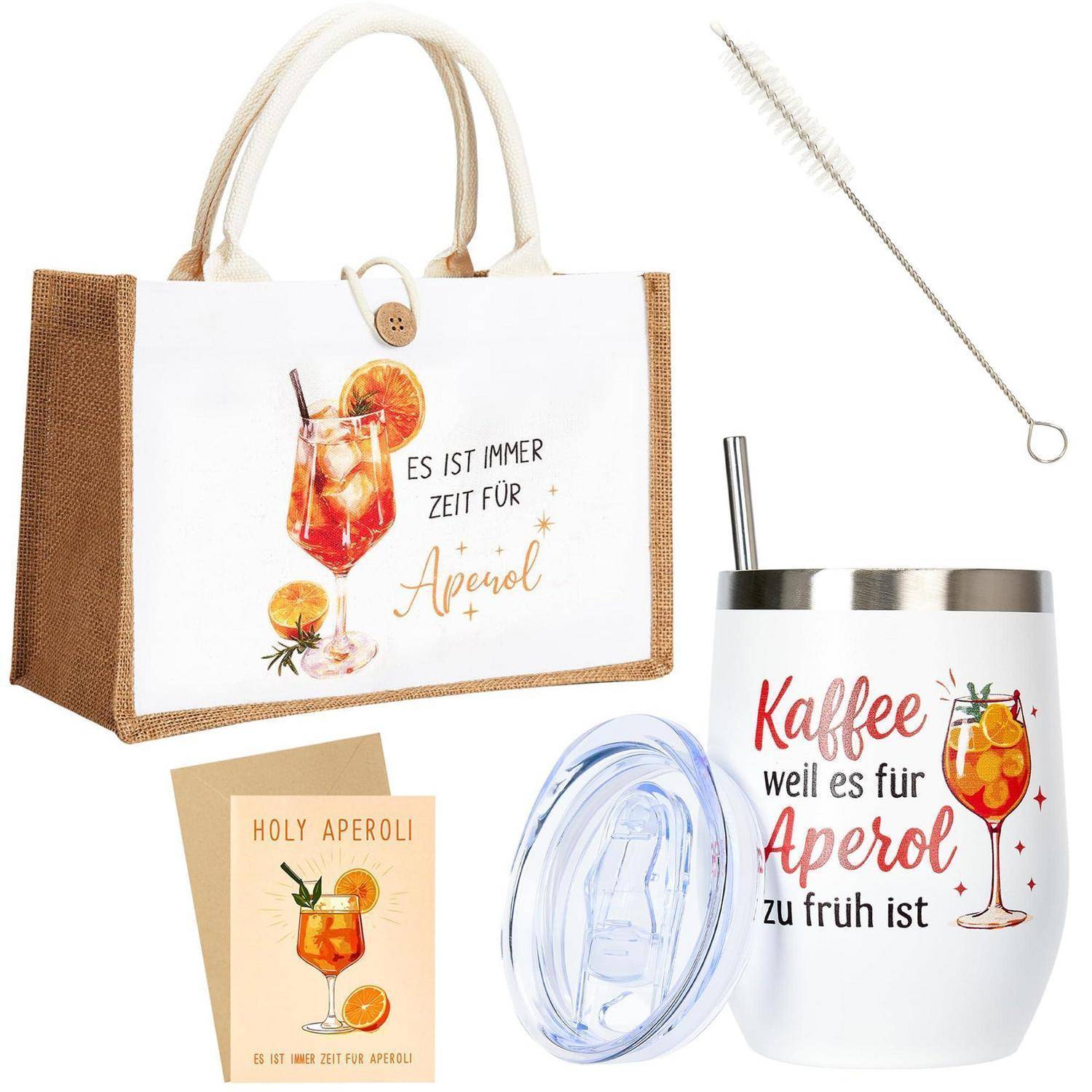 Ein Set von Aperol-inspirierten Trinkzubehör: eine Tragetasche, ein isolierter Becher mit Deckel und Strohhalm, eine Grußkarte und eine Reinigungsbürste.