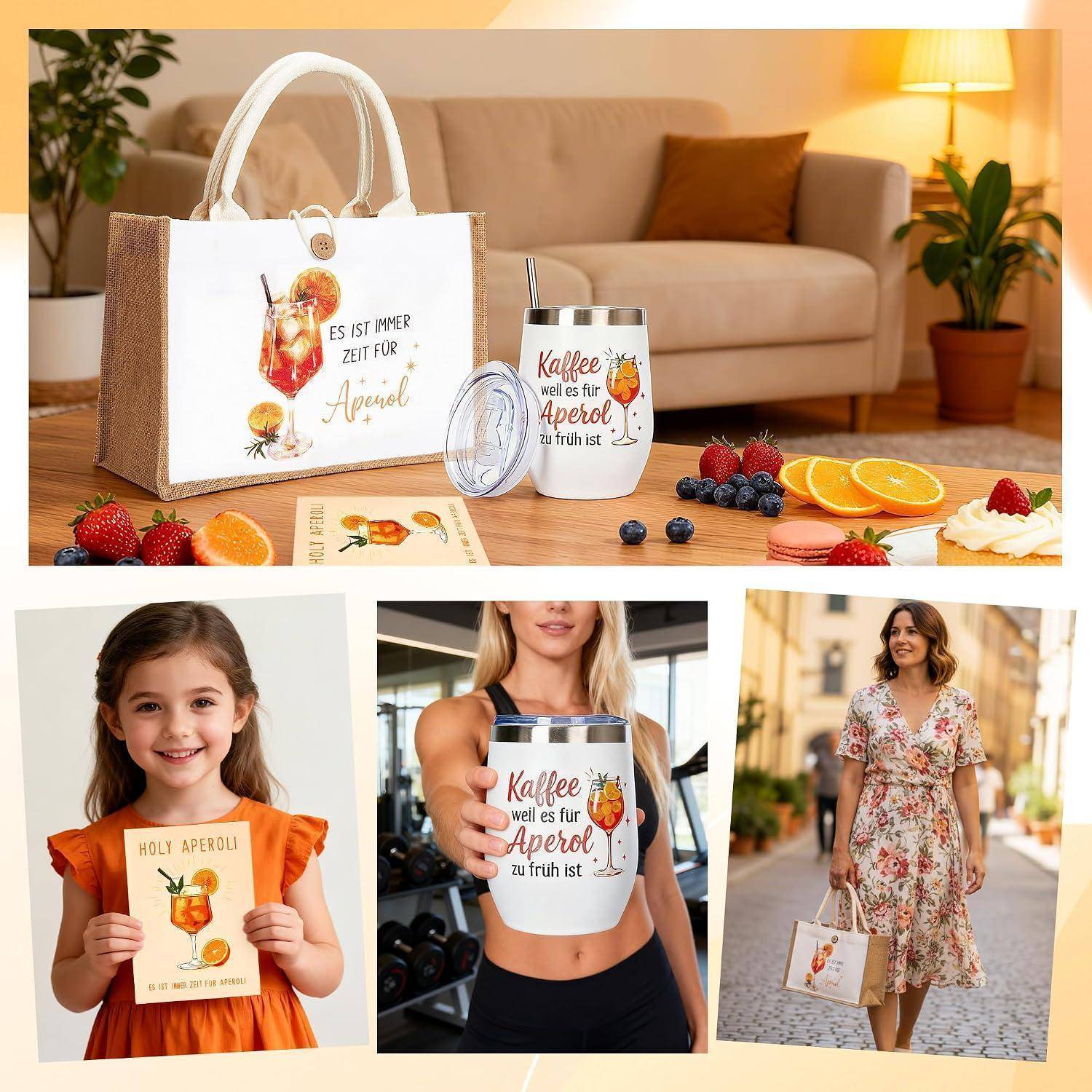 Geschenkset und Werbemokups für eine Aperol-Themenmotiv-Tasse, Tragetasche und Notizkarte, gezeigt mit Obst, einer Wohnzimmerszene und drei Produkt-Lifestyle-Fotos.