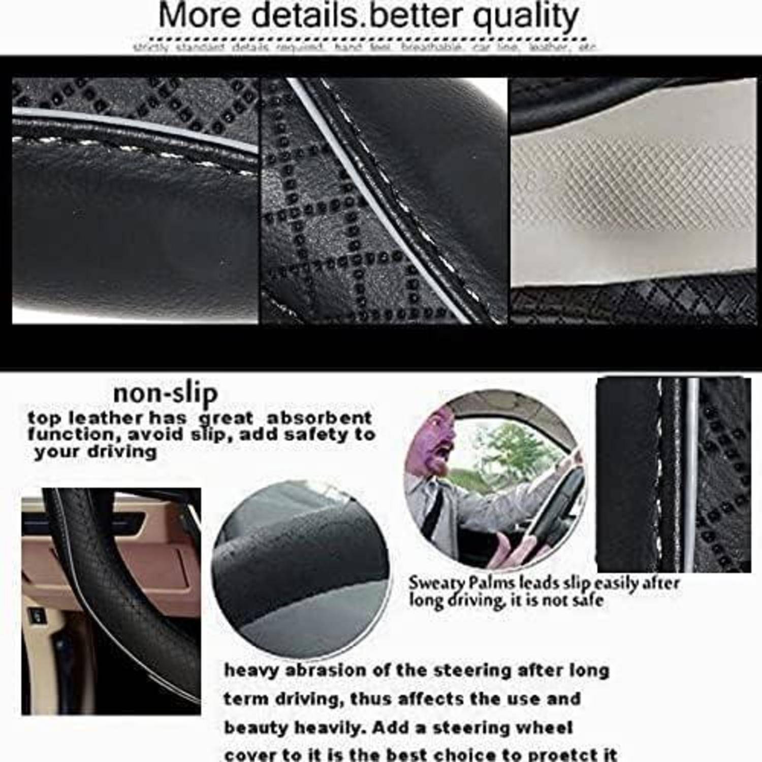 Werbegrafik für eine rutschfeste Lenkradabdeckung, die Nahaufnahmen von Ledertexturen und einen Fahrer zeigt, der sie verwendet, mit Text über besseren Halt und Sicherheit.