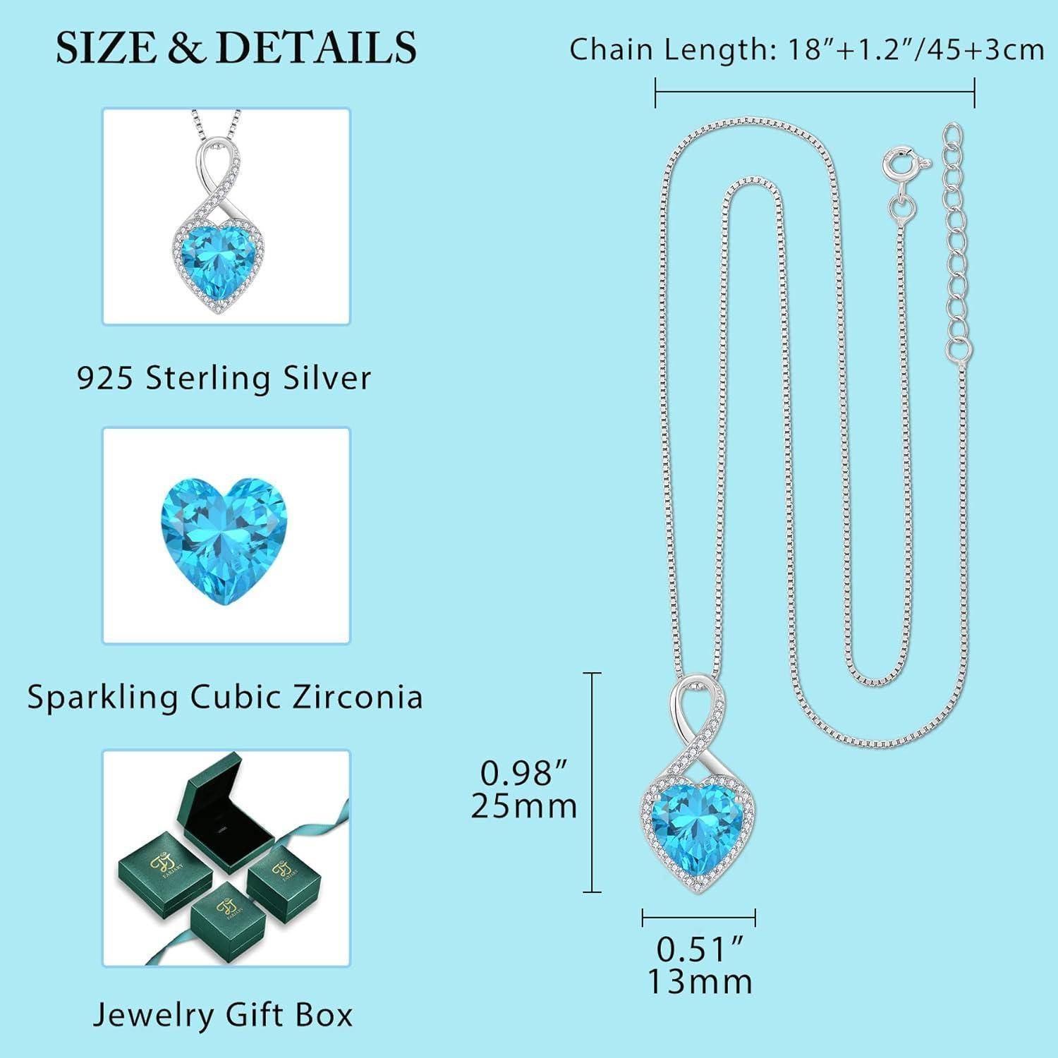 Größe und Details für ein Herz-Anhänger-Halskette: 925er Sterlingsilber, funkelnde blaue kubische Zirkonia, Schmuckgeschenkbox, 18+1,2 Zoll Kette, 0,98 Zoll lang, 0,51 Zoll breit.