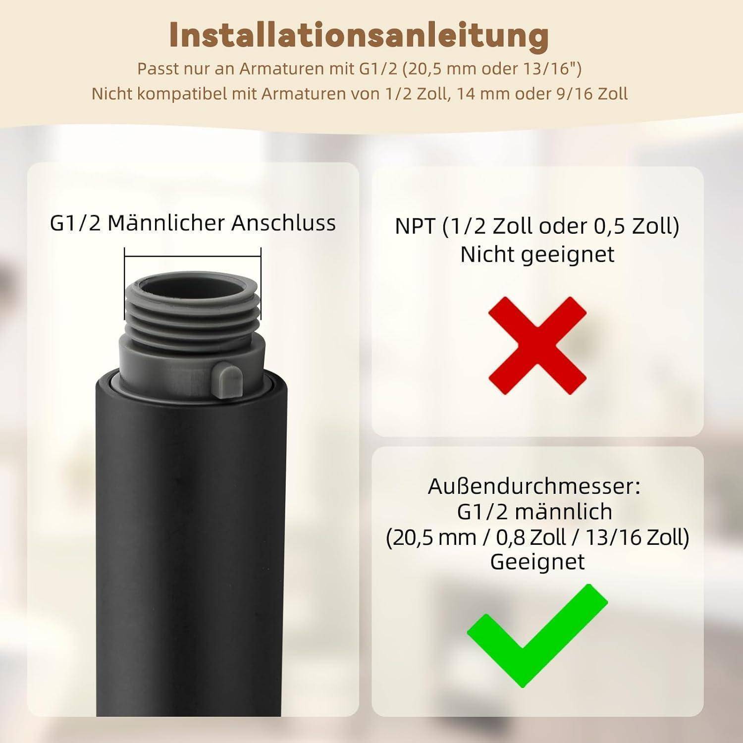 Installationsleitfaden, der zeigt, dass ein Wasserhahnadapter für G1/2-Außengewinde (20,5 mm, 13/16 Zoll) geeignet ist und nicht für NPT 1/2 Zoll oder 0,5 Zoll, gekennzeichnet mit rotem X und grünem Haken.