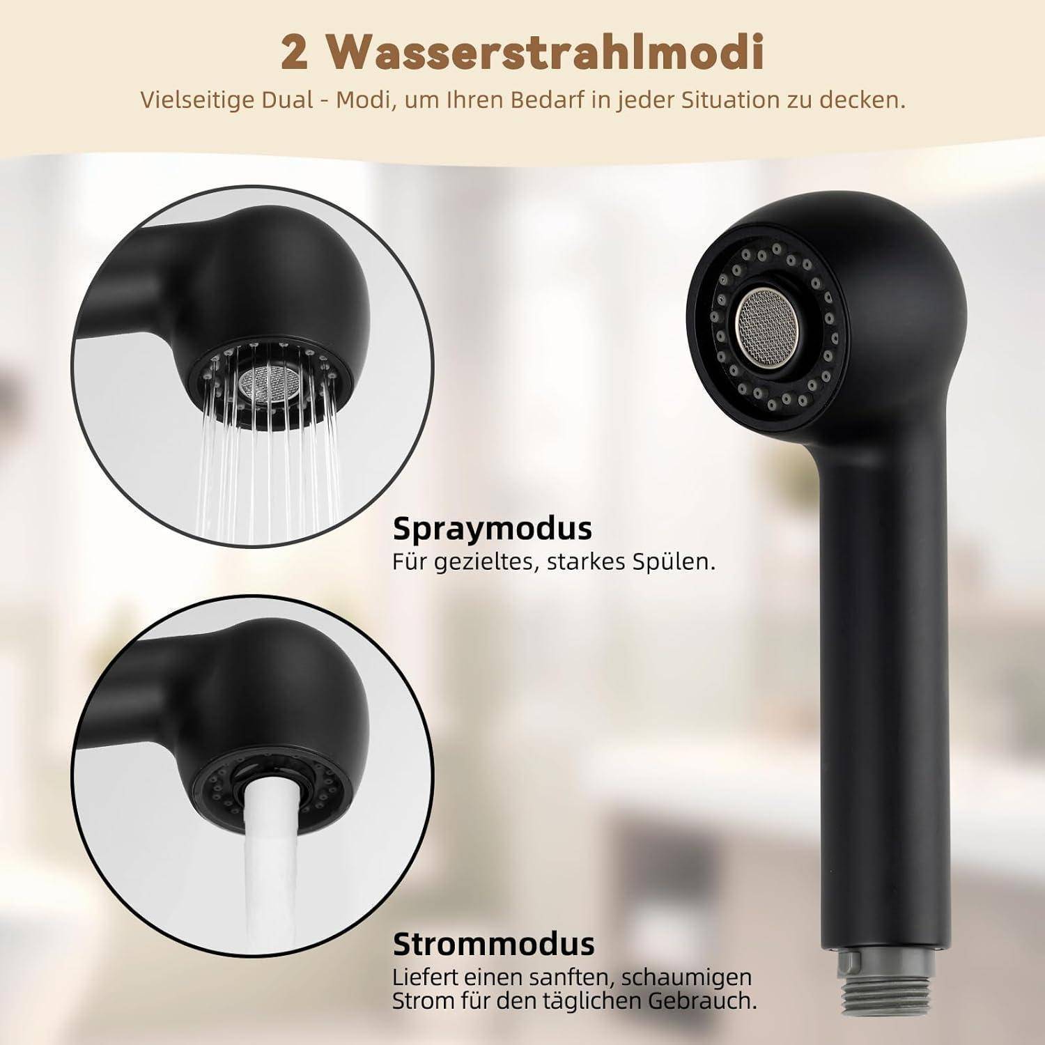 Schwarzer tragbarer Duschkopf mit zwei Wassermodi: Sprühmode für kräftiges Spülen und Sprühnebelmodus für sanfte, schaumige Verwendung.