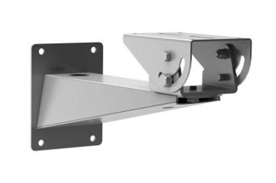 Wandmontierte Metallsicherheitskamerazubehör mit verstellbarem Halterungsarm auf weißem Hintergrund.