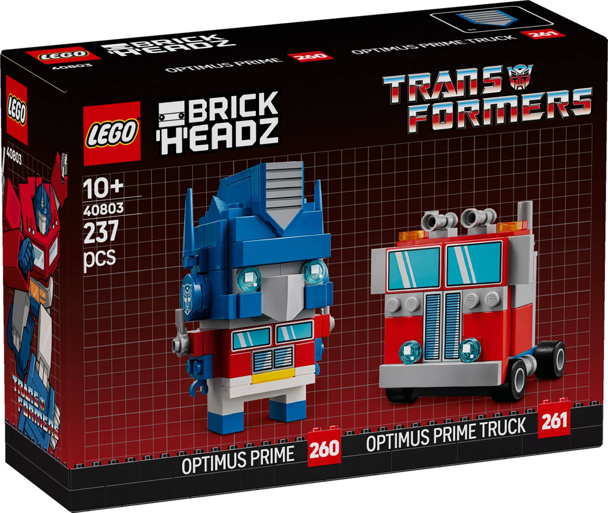 LEGO BrickHeadz Transformers Optimus Prime Setkasten, zeigt eine blau-rote Optimus Prime-Figur und Lastwagen-Modell, ab 10 Jahren, 237 Teile.