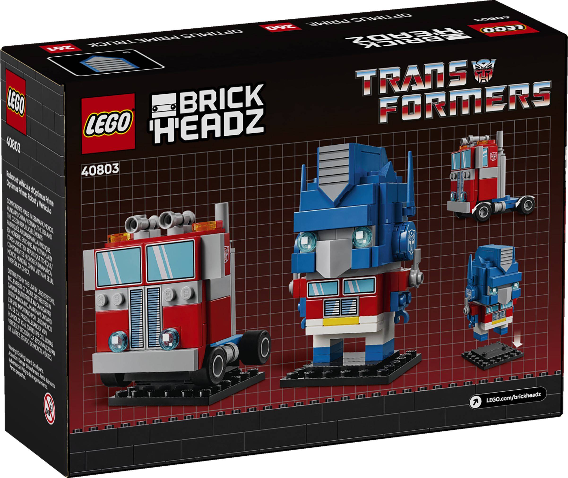 LEGO BrickHeadz Transformers Optimus Prime Setkasten, zeigt die baubare Figur und alternative Ansichten auf einem Gitterhintergrund.