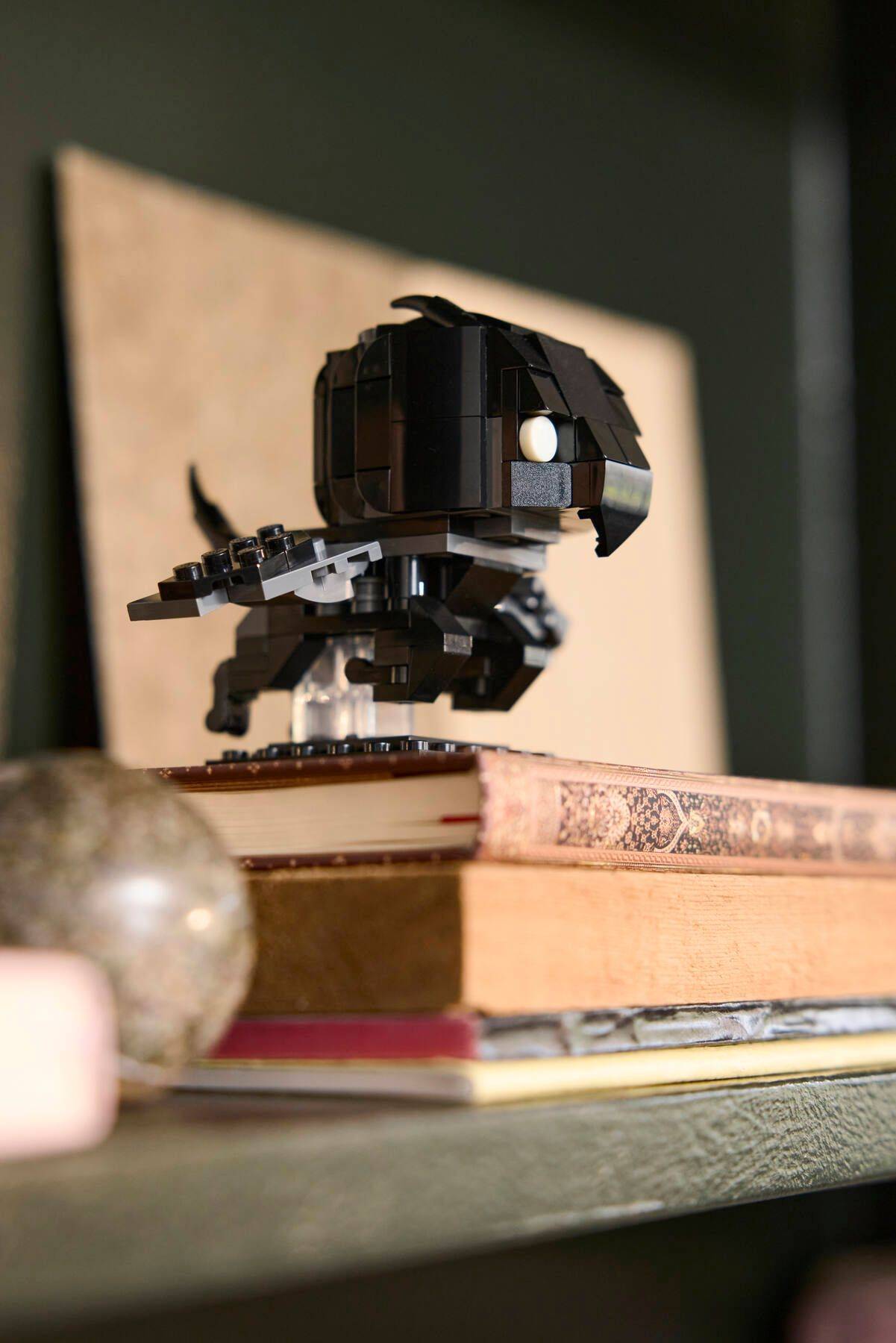 Kleine schwarze LEGO-Vogelfigur, die auf einem Stapel Bücher in einem Regal sitzt, mit einem unscharfen Hintergrundpanel dahinter.