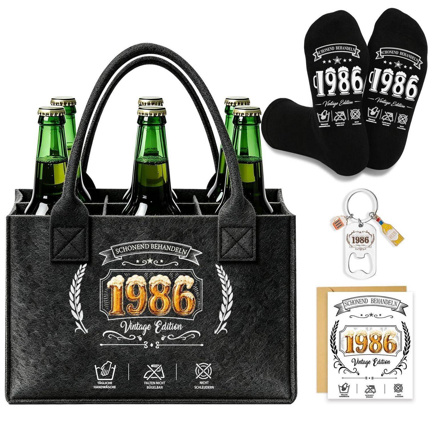 Geschenkset mit schwarzem Filzflaschenträger für vier Bierflaschen, schwarzen Socken mit Aufdruck „1986 Vintage Edition