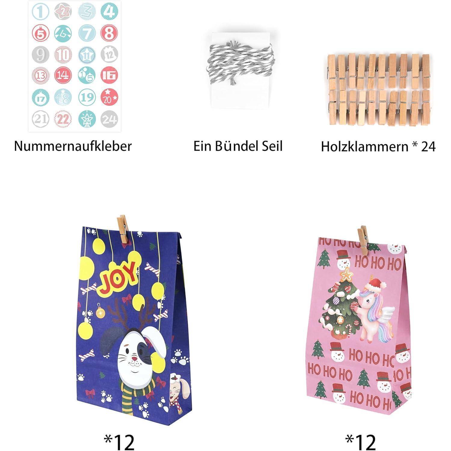 Set aus 24 nummerierten Aufklebern, ein Seilbündel und 24 Holzklammern, plus 12 blaue und 12 rosa Weihnachtsgeschenktüten mit Klammern zum Aufhängen oder Dekorieren.