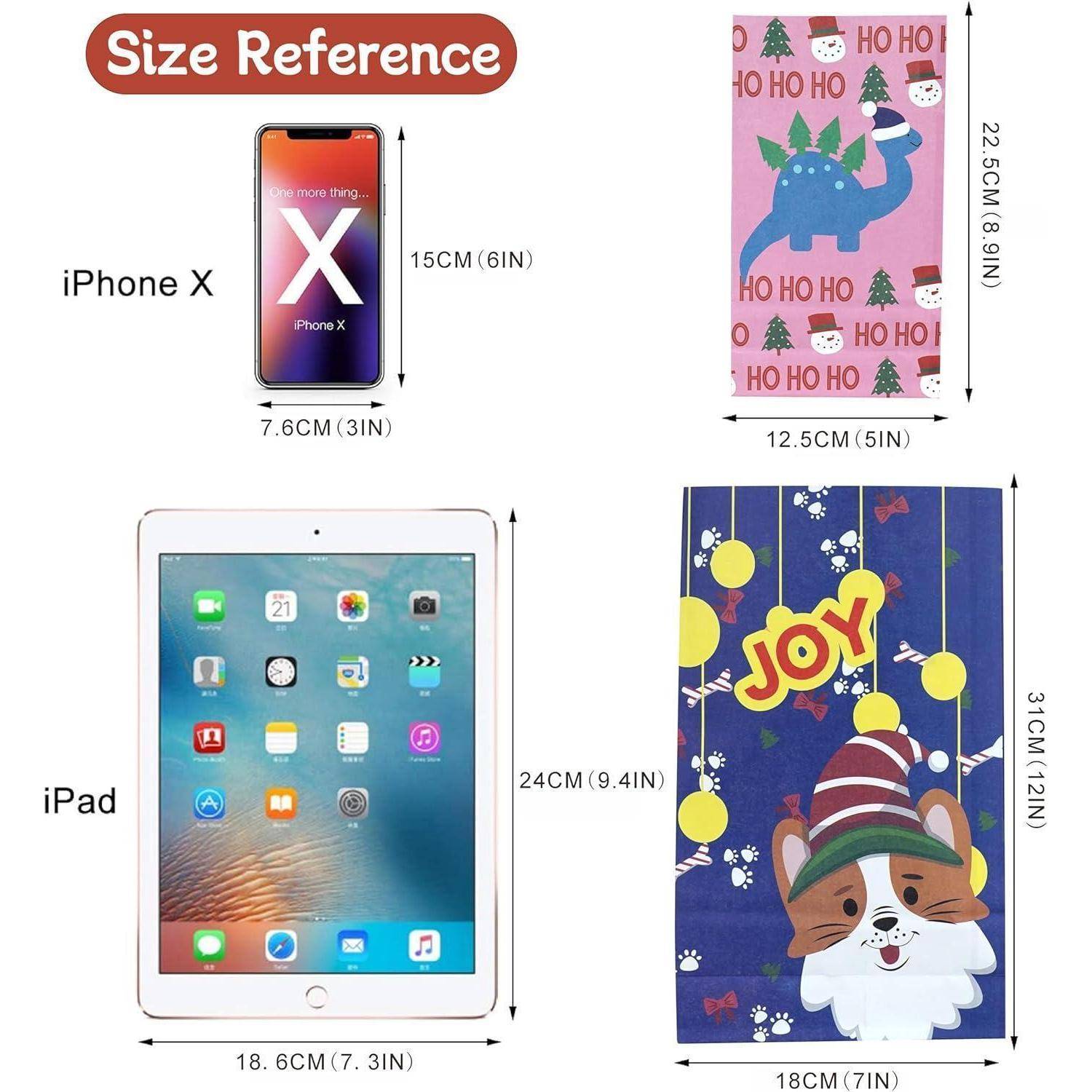 Größenreferenztabelle mit Beispielen für ein iPhone X, ein iPad und zwei Geschenktüten, mit Abmessungen in Zentimetern und Zoll gekennzeichnet.