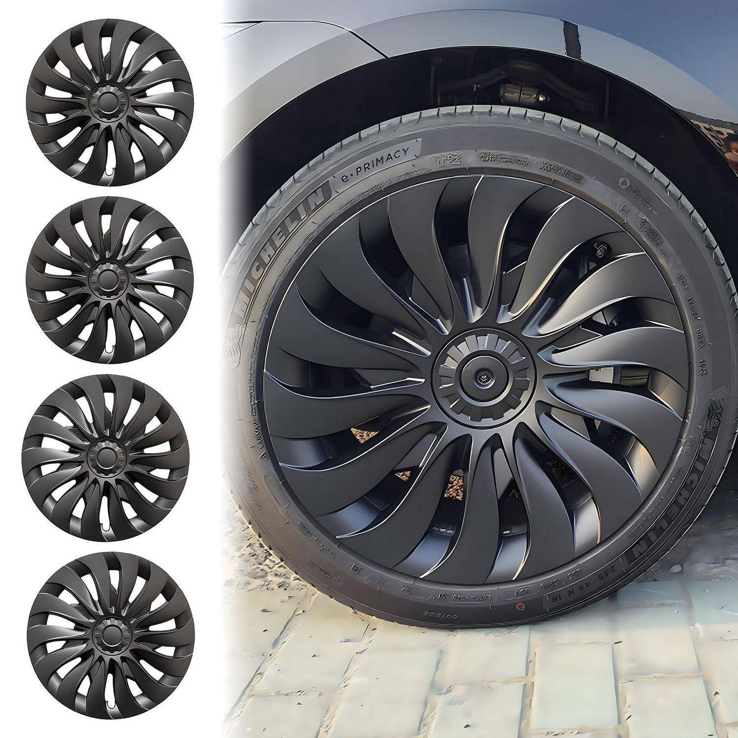 Schwarze mehrspeichige Autofelgenkappe, die auf einem Reifen gezeigt wird, mit vier kleineren Ansichten desselben Felgendesigns auf der linken Seite.