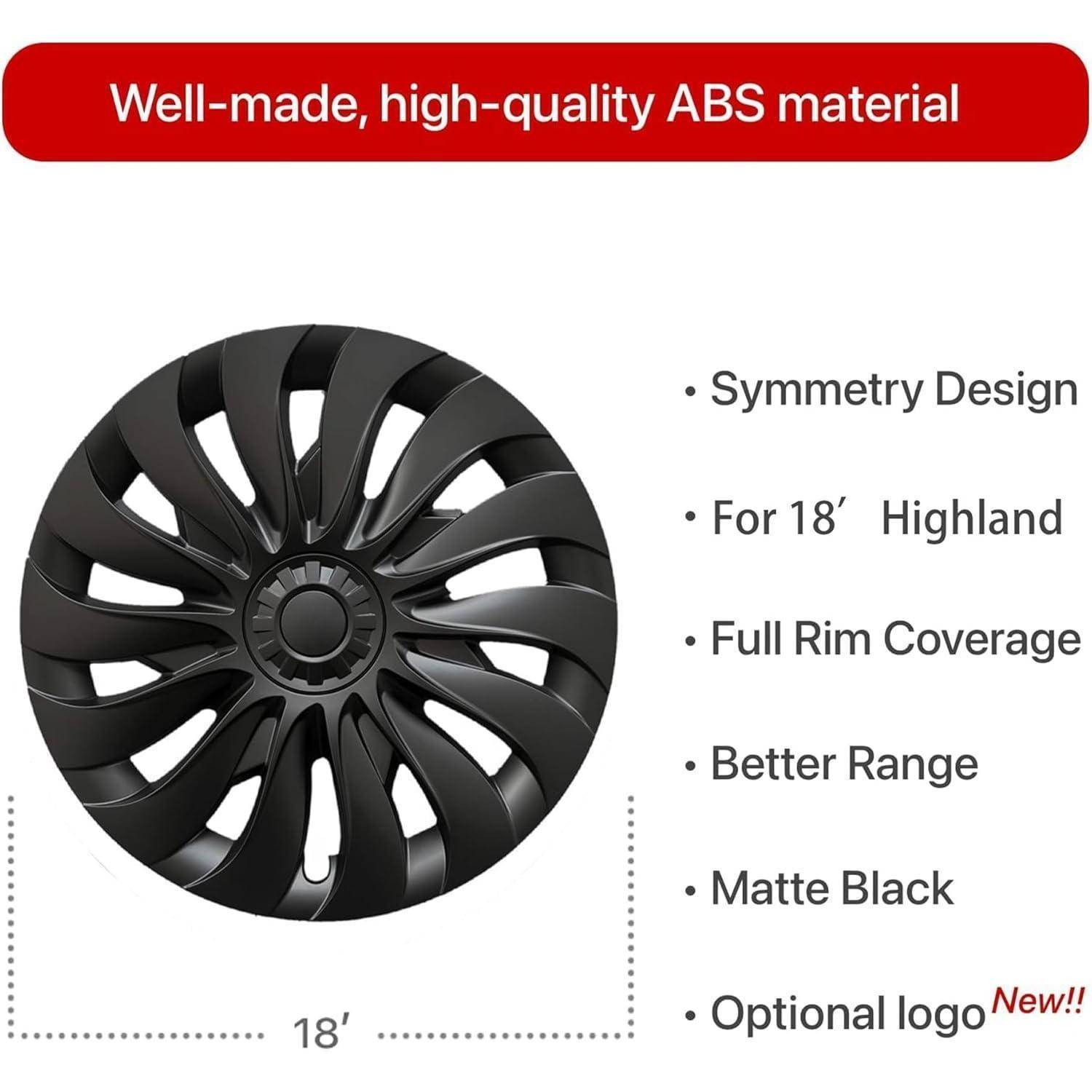 Schwarze 18-Zoll-Radkappe mit symmetrischem Design und vollständiger Felgenabdeckung; der Text hebt ABS-Material, mattschwarze Oberfläche, größere Reichweite und optionales Logo hervor.