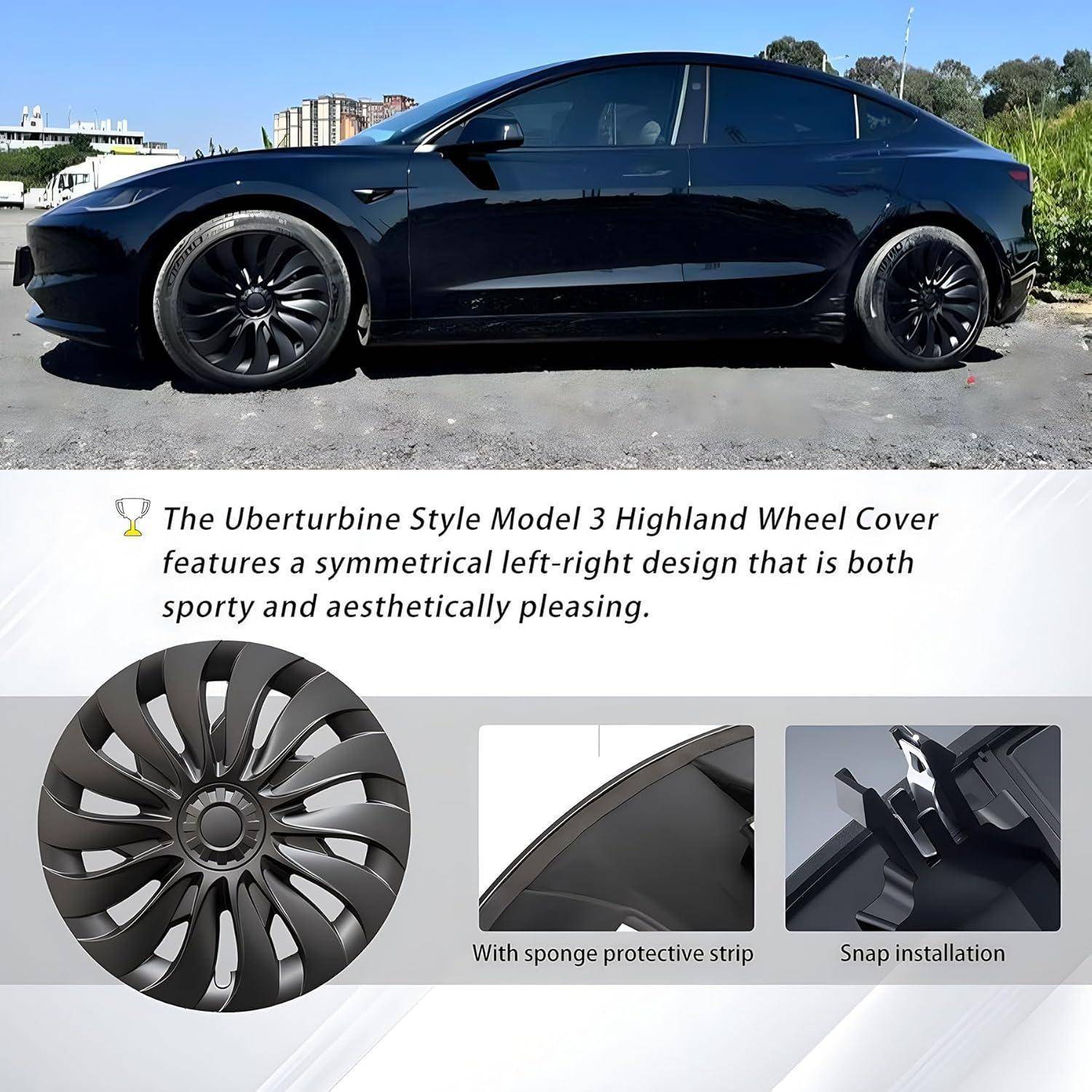 Schwarzes Tesla Model 3 Highland, das von der Seite gezeigt wird, mit Aftermarket-Turbinen-Radabdeckungen; Produktgrafik hebt symmetrisches Design, Schaumstoff-Schutzleiste und Schnappinstallation hervor.